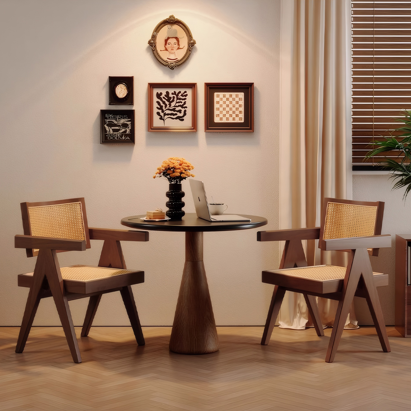 Modern Mid Century Dining Chairs Set of 2, Rattan Accent Chairs, Comfy Armchairs, Outdoor Wood Chairs with Armrest for Bedroom Living Room Reading Room Dining Kitchen, Brown — foto 6