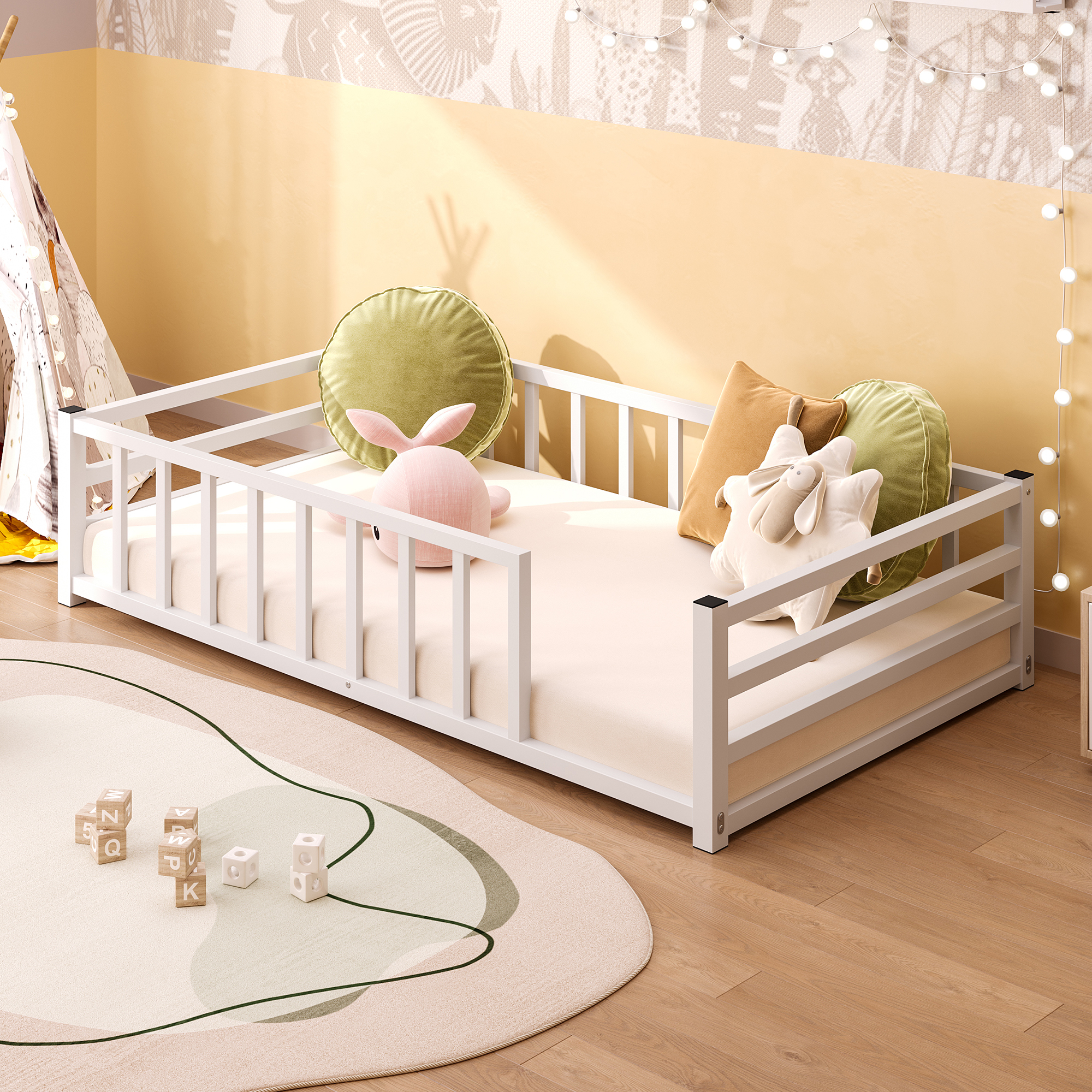 Twin Size Floor Bed, Low Profile Metal Platform with Heavy Duty Guardrails, No Box Spring Needed, White — foto 3