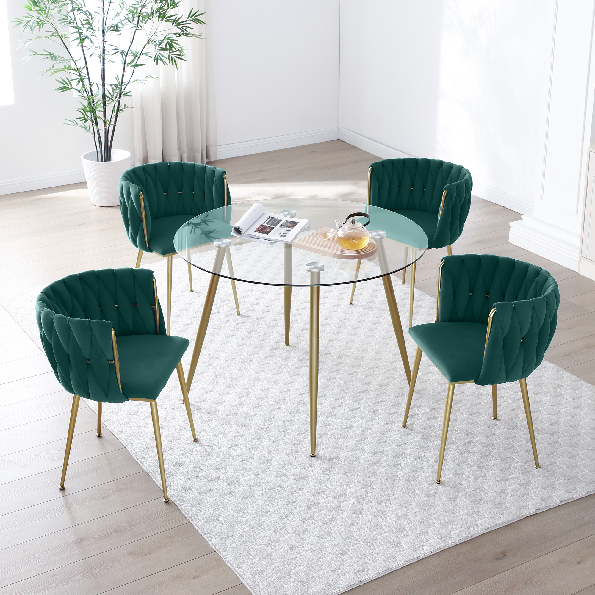 Modern Velvet Dining Chairs Set of 2, Upholstered Woven Dining Chair with Golden Metal Legs, Upholstered Dining Chairs for Dining Room, Kitchen, Vanity, Living Room — foto 4