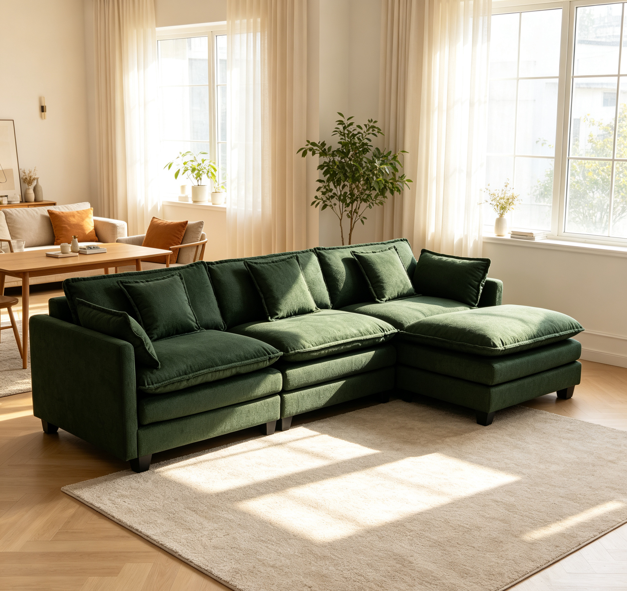 Modern 3seats with ottoman 113.77"Sectional Sofa with Waist Pillows,3-seat Upholstered Symmetrical Sofa Furniture,Sleeper Sofa Couch with Chaise Lounge for Living Room,Apartment,3 Color