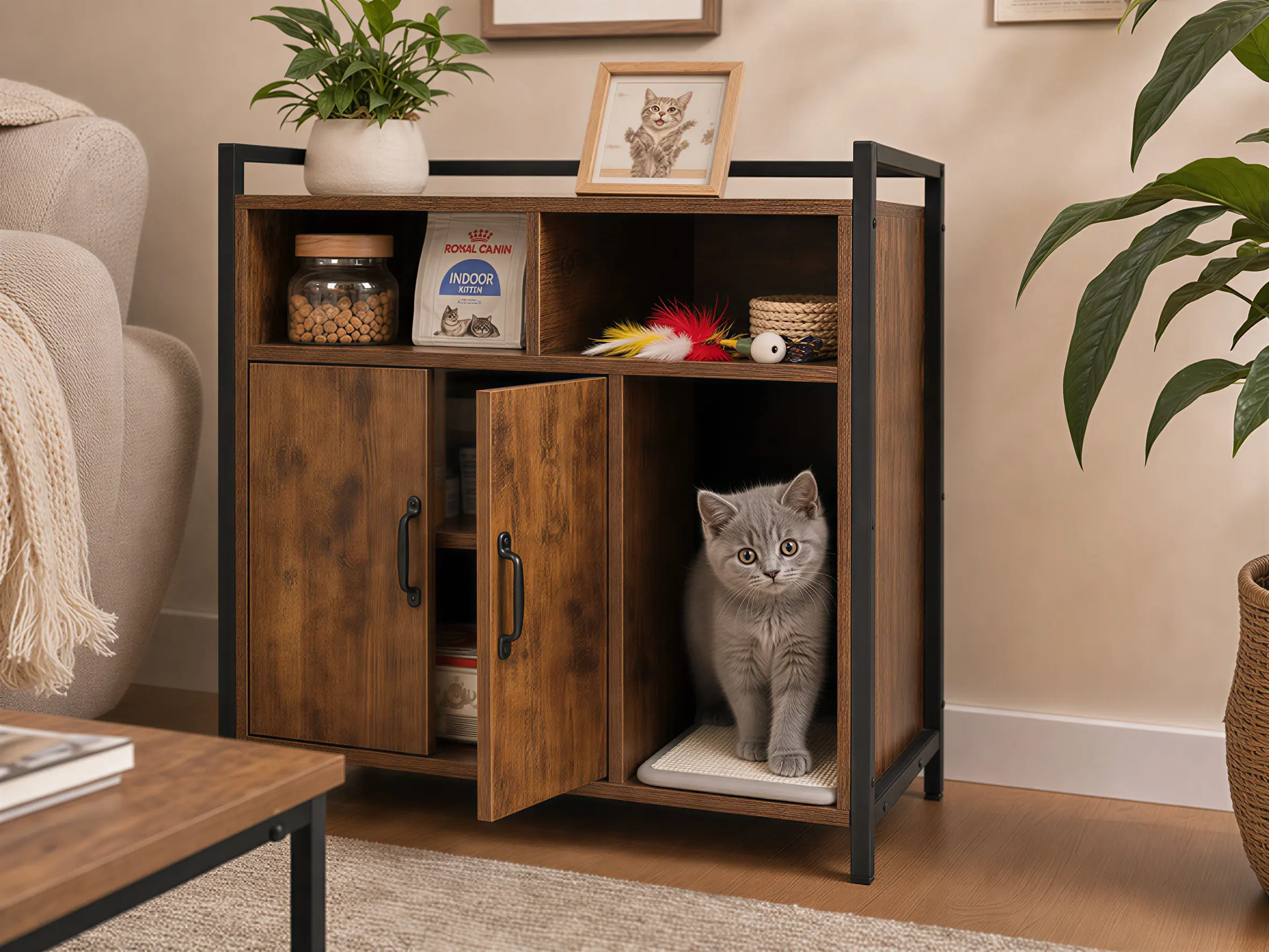 Rustic Brown Wooden Cat Litter Box Enclosure