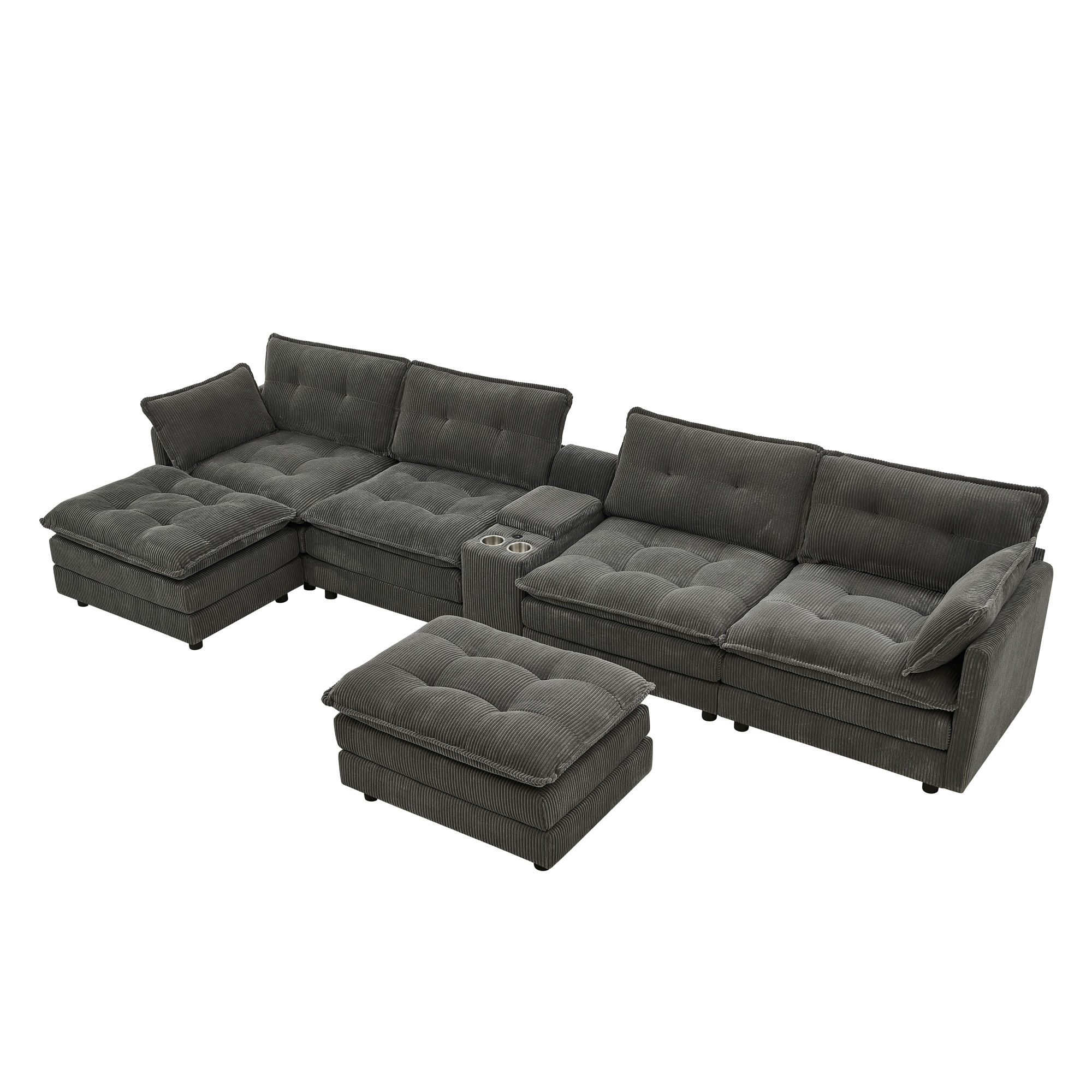 154" Sectional Cloud Sofa Couch with Ottomans, Modular U Shaped Couches for Living Room, Comfy Corduroy Oversized Sectional Modern 6 Seat Deep Seat Sofa Set with Central Console USB Port, Grey — foto 2