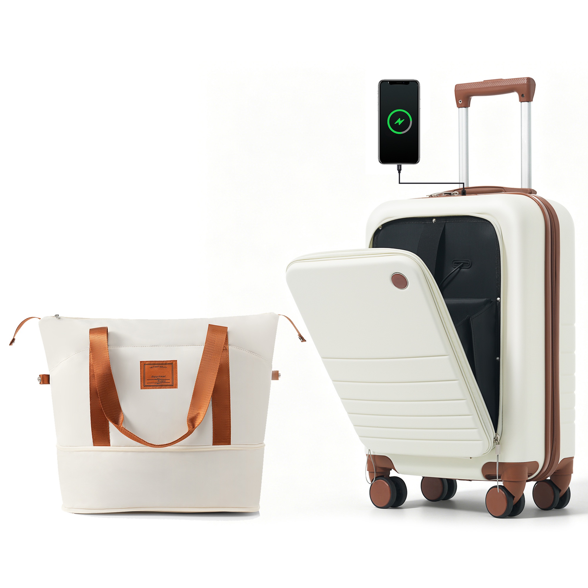 Front Opening 20-Inch Carry-On Luggage with Expandable Travel Bag Set, ABS Hard Shell Two-piece suitcase set with USB Port , Cup Holder, ivory and brown