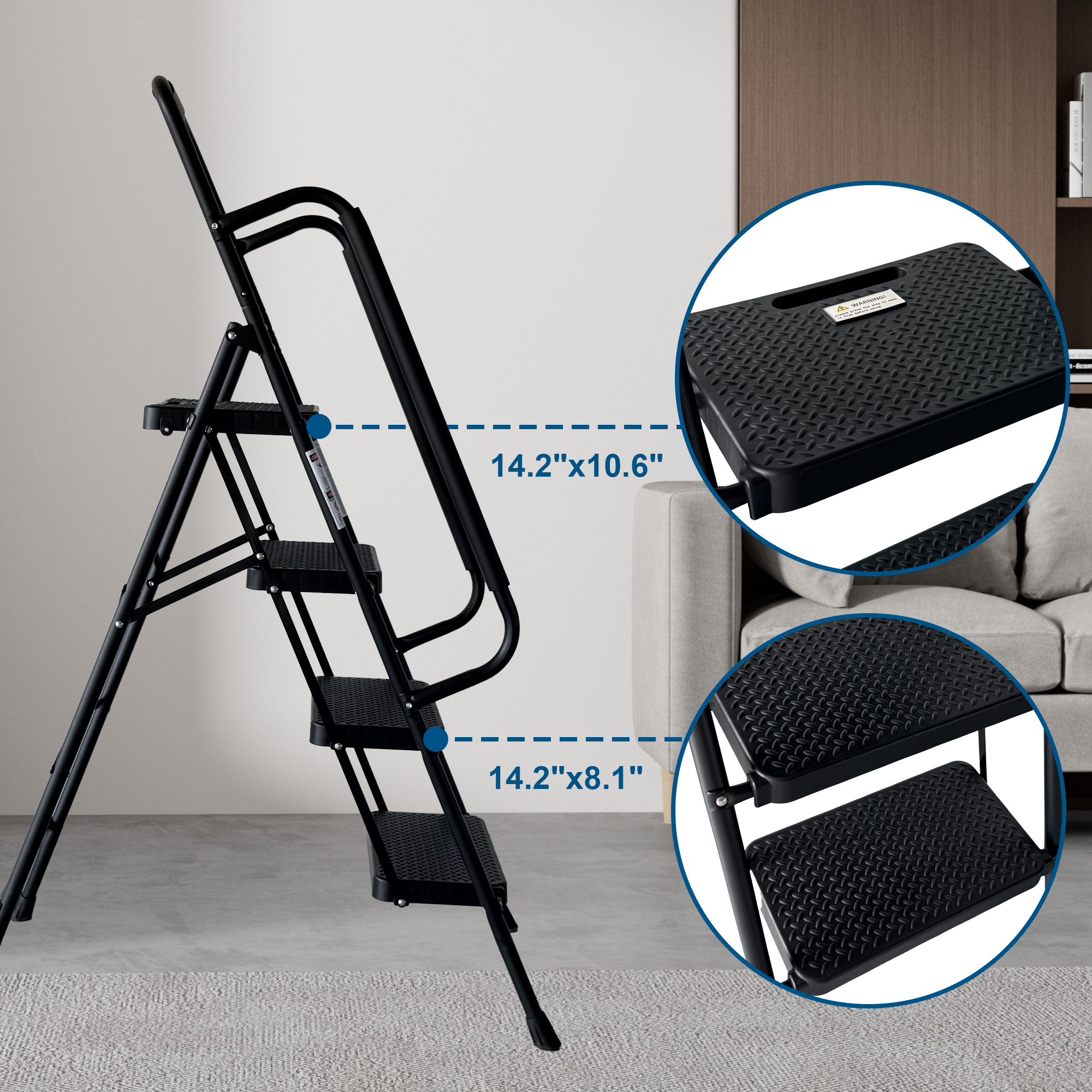 4 Step Ladder, Folding Step Stool with Wide Anti-Slip Pedal, Sturdy Steel Ladder, Convenient Handrail, Lightweight, Portable Steel Step Stool — foto 12