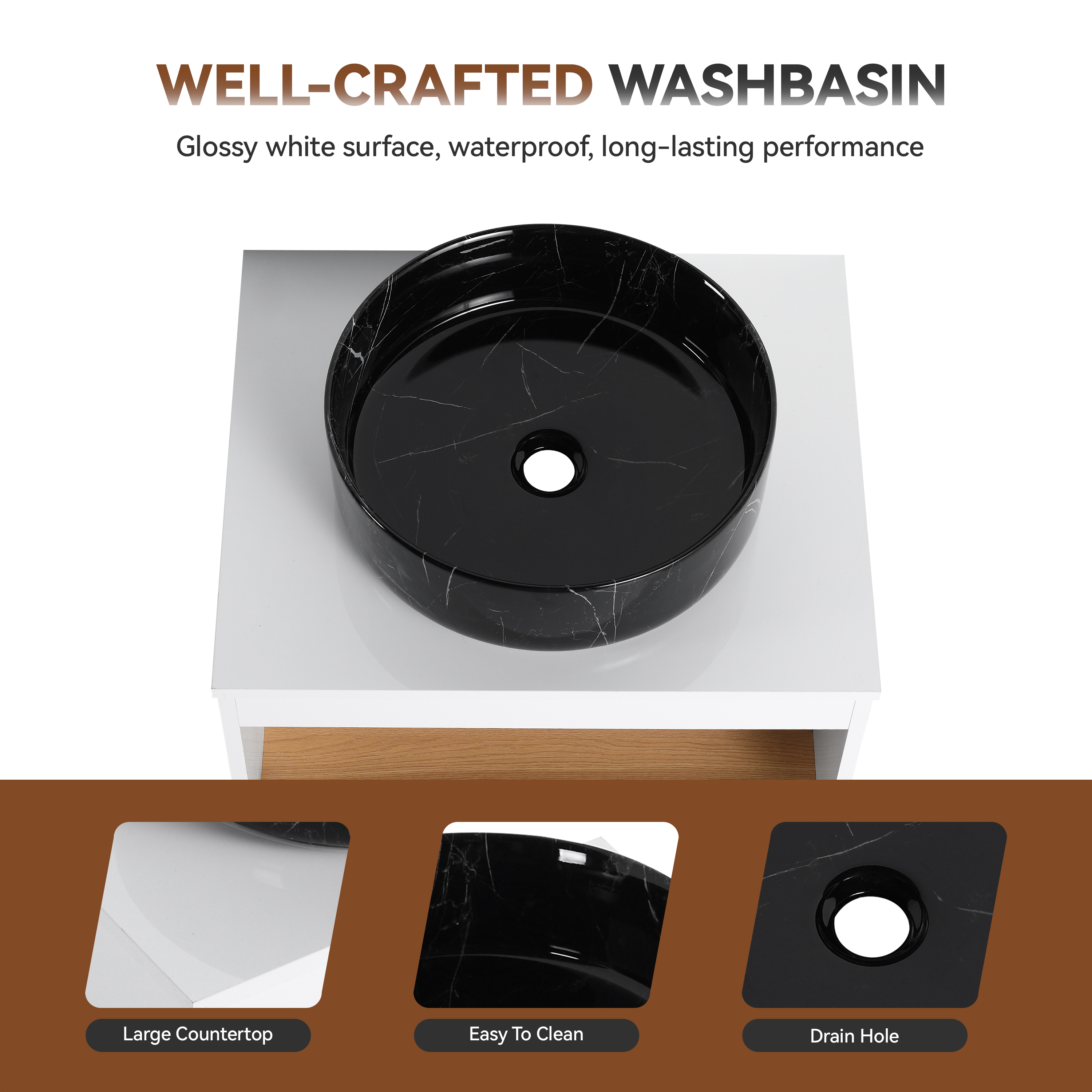 24" Floating Bathroom Vanity with Black Marble Vein Vessel Sink, Wall-Mounted Vanity with Open Shelf Storage, White Finish with Wood Accent