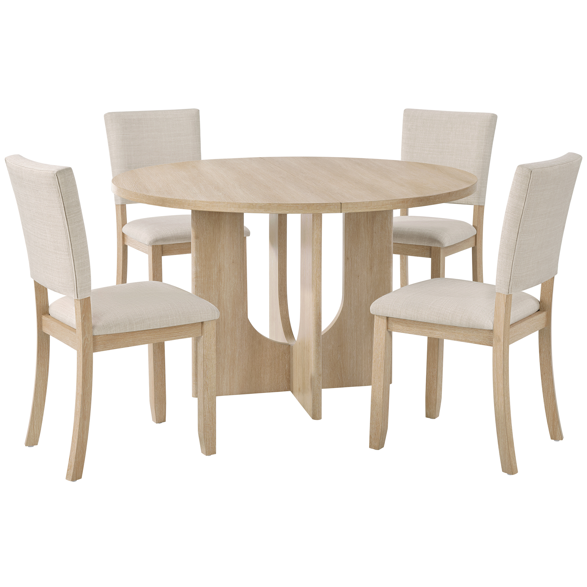 47.3" Round Dining Set with 4 Upholstered Dining Chairs, Modern Round Dining Table Set for 4, 5-Piece Round Dining Table Set for Living Room, Kitchen, Light Oak & Beige — foto 4