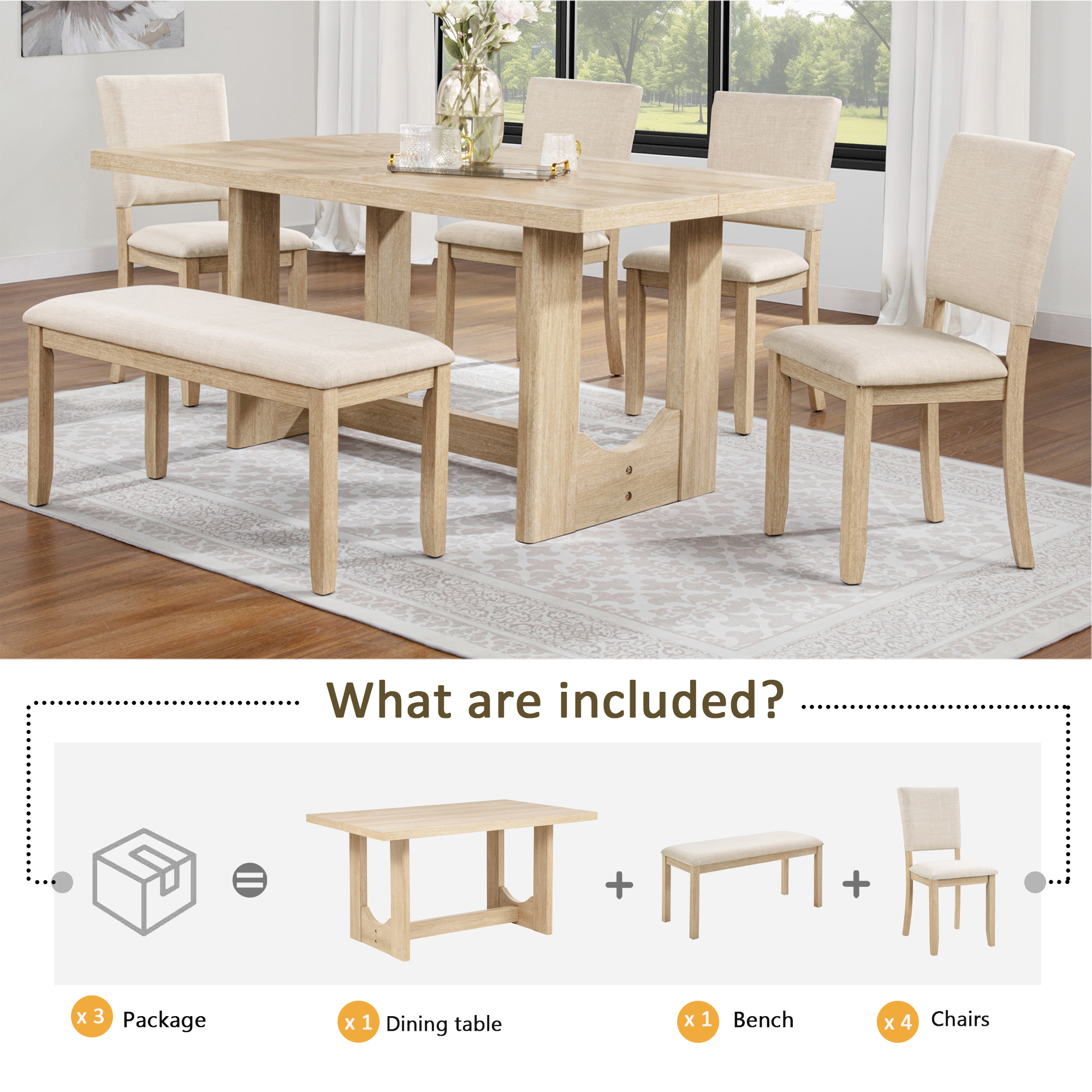 6 Piece Dining Table Set with Bench, Wooden Rectangular Kitchen Table Set with Bench and 4 Upholstered Chairs for Living Room, Kitchen, Dining Room, U-shaped base, Light Oak & Beige
