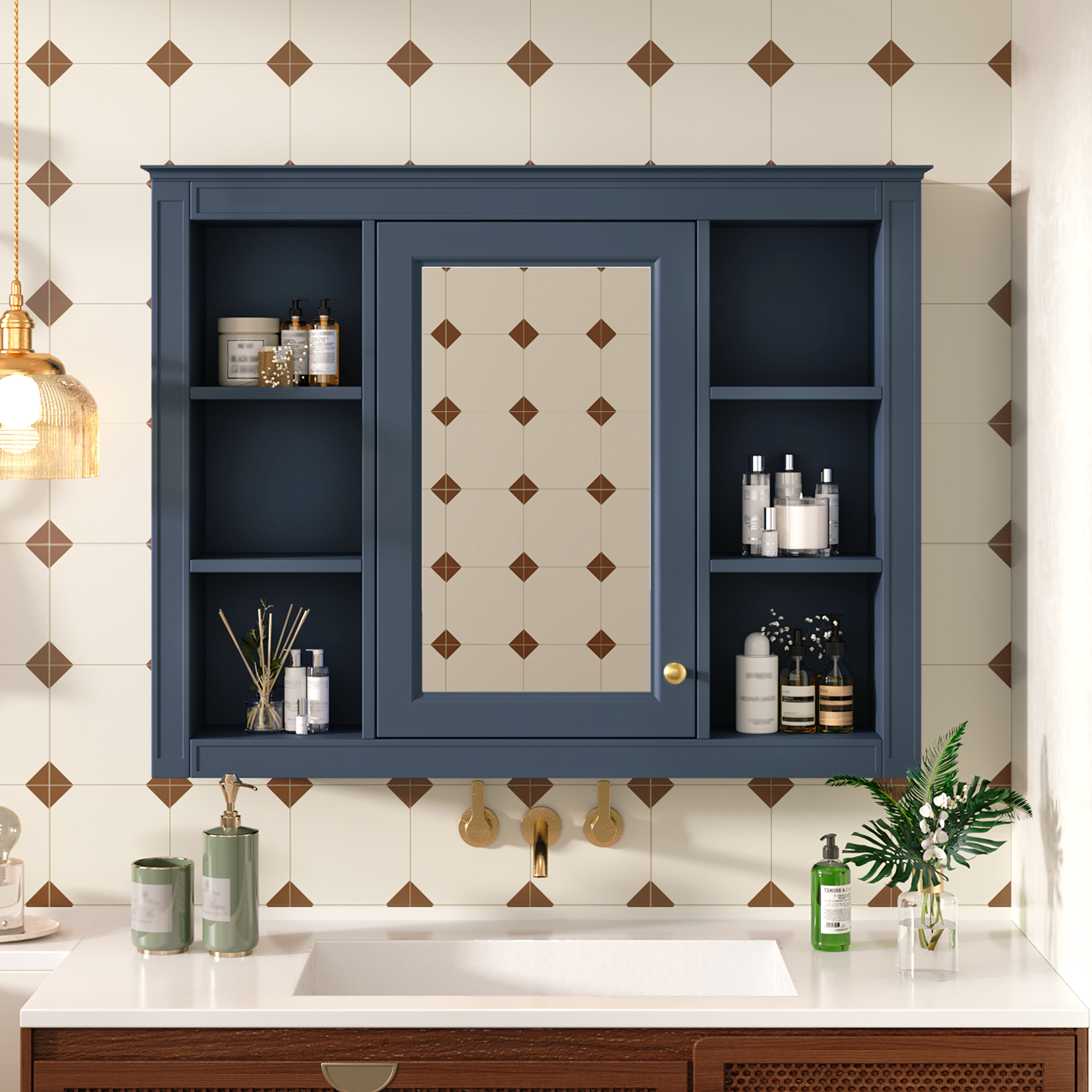 35'' x 28'' Medicine Cabinet, Wall Mounted Bathroom Storage Cabinet, Modern Bathroom Wall Cabinet with Mirror, Mirror Cabinet with 6 Open Shelves (Not Include Bathroom Vanity )