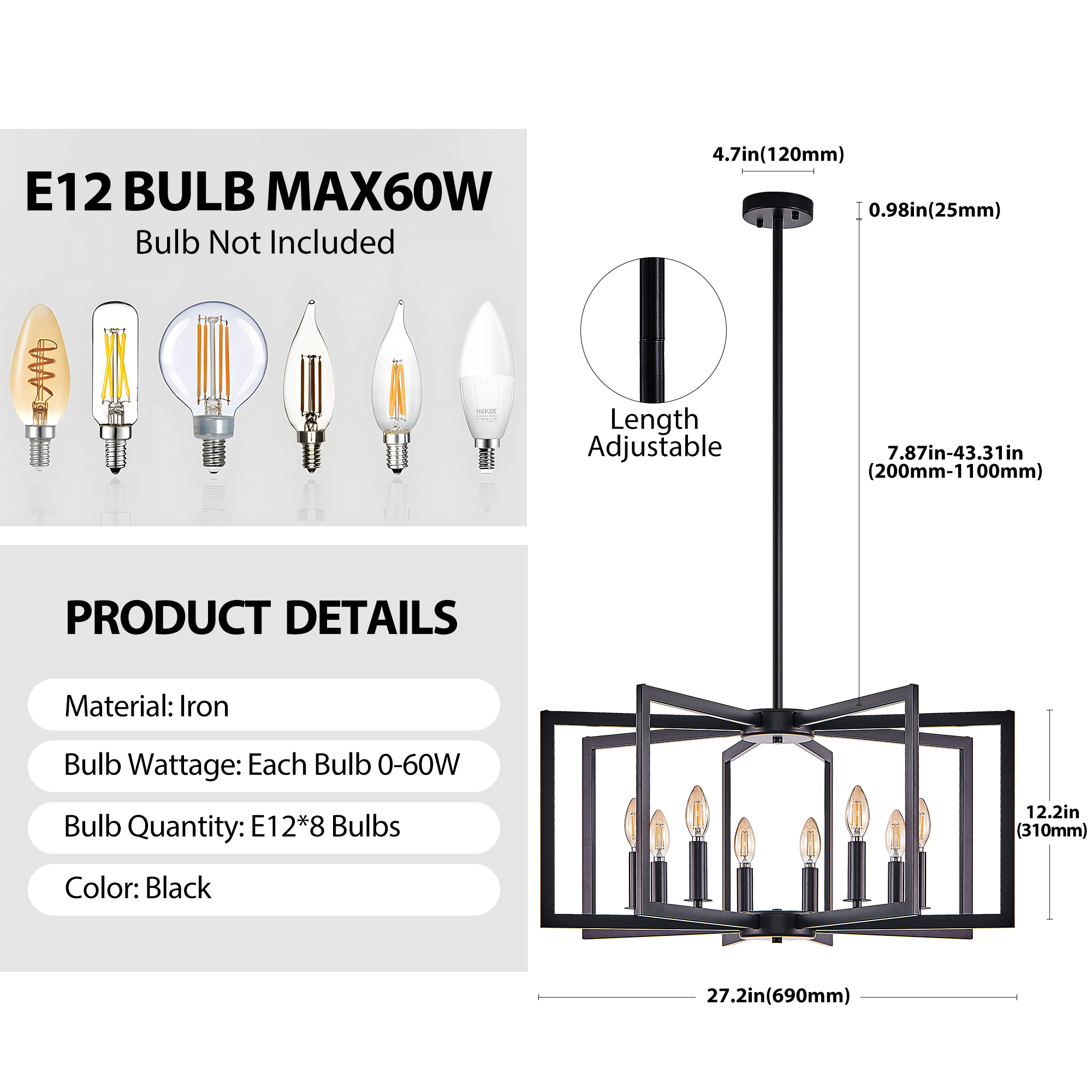 27" Modern Black Geometric 8-Light Chandelier – Industrial Metal Pendant Light Fixture for Living Room, Dining Room, or Kitchen (Bulb Not Included) — foto 5