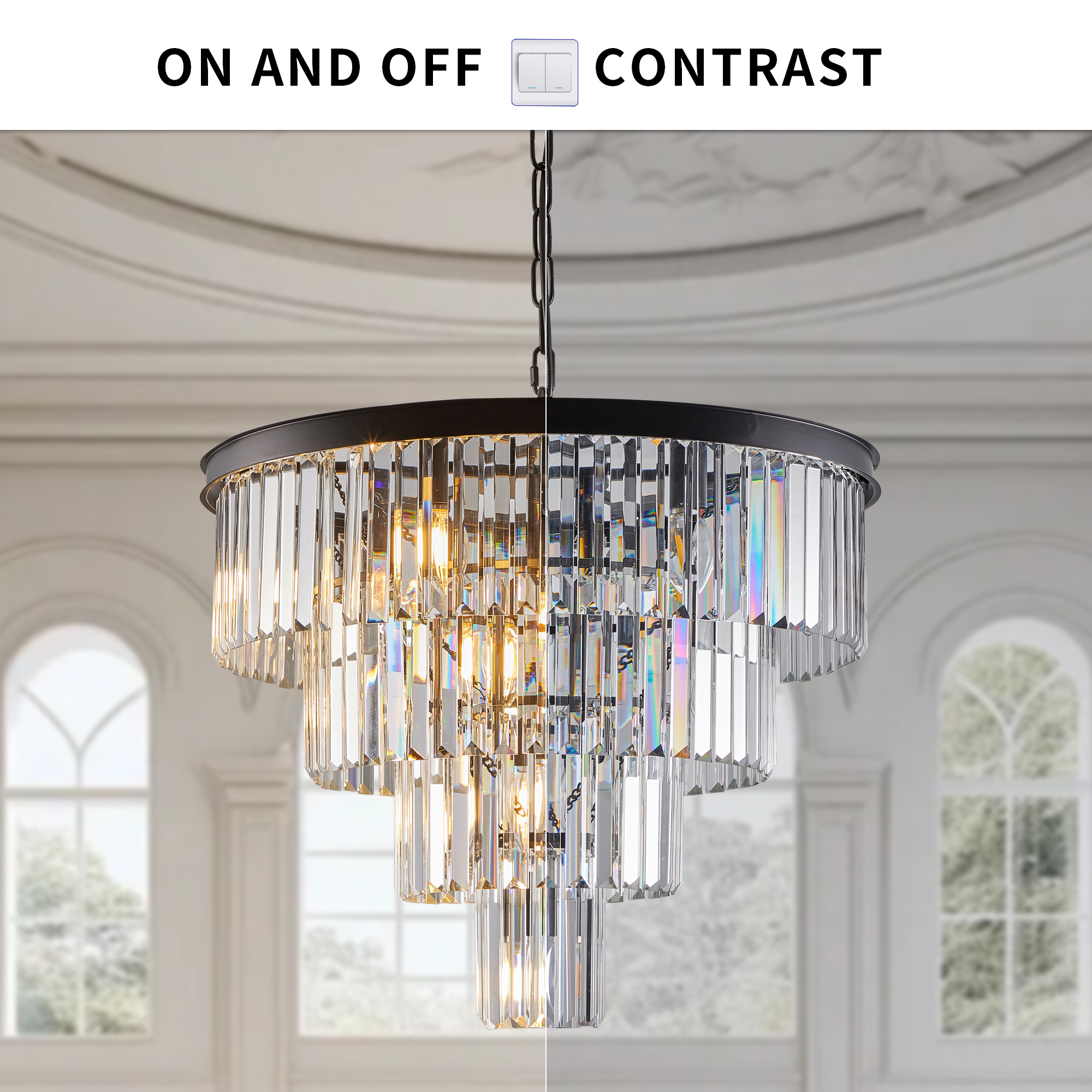 (Same as W1340P188542/L5007-600-B) 24" Contemporary Crystal Modern Chandeliers Crystal Ceiling Chandelier 4 Tier Black Chandelier Lighting for Dining Room Living Room Bedroom (Bulbs Not included)