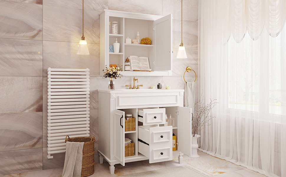 36'' Bathroom Vanity with Top Sink, Mirror Cabinet, Modern Bathroom Storage Cabinet with 2 Soft Closing Doors, Single Sink Bathroom Vanity — foto 7
