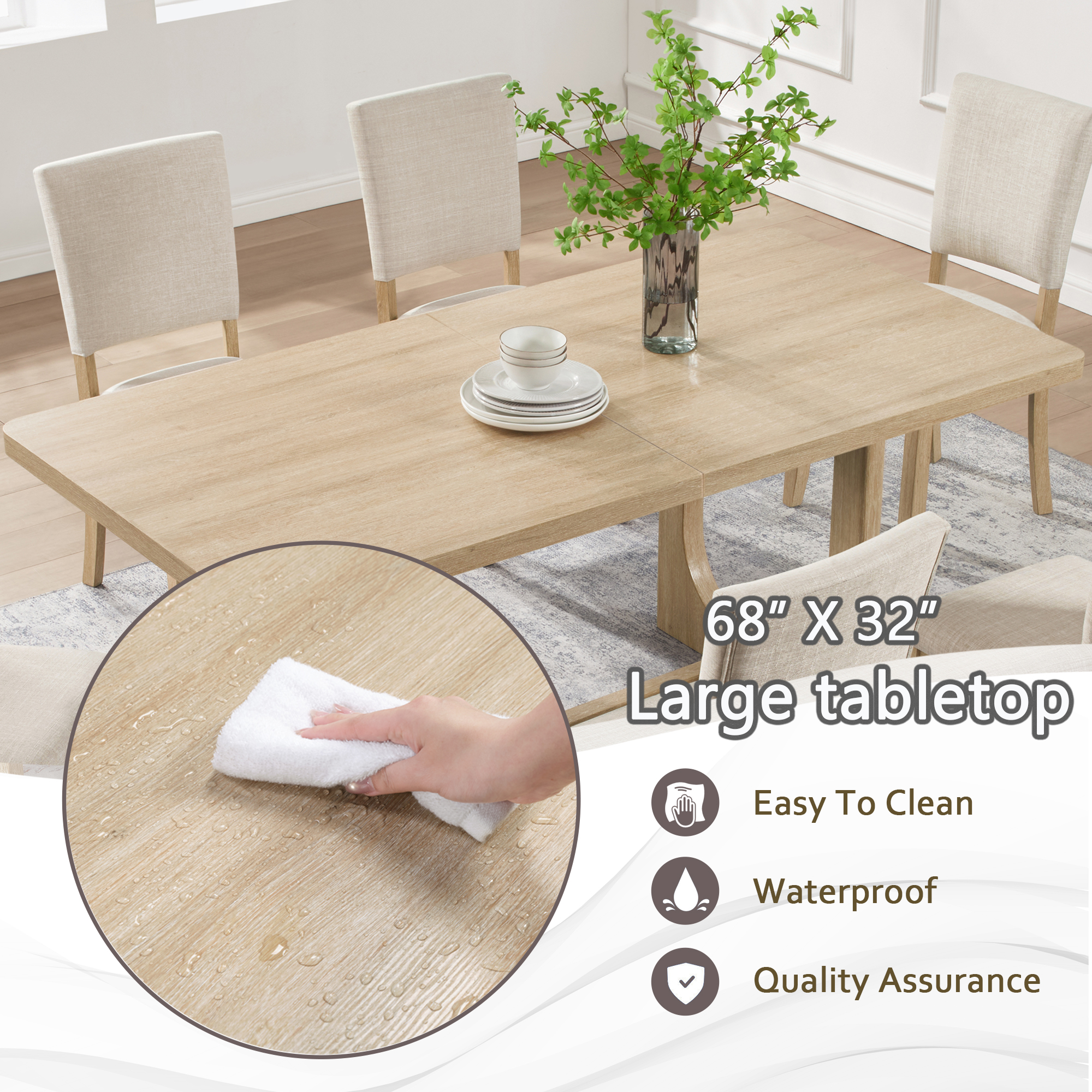 7-Piece Dining Table Set for 6, 68 Inch Rectangular Kitchen Table with 6 Upholstered Chairs, Natural Wood Dining Room Furniture Set with Sturdy U-Shaped Frame for Family, Apartment, Dining Room