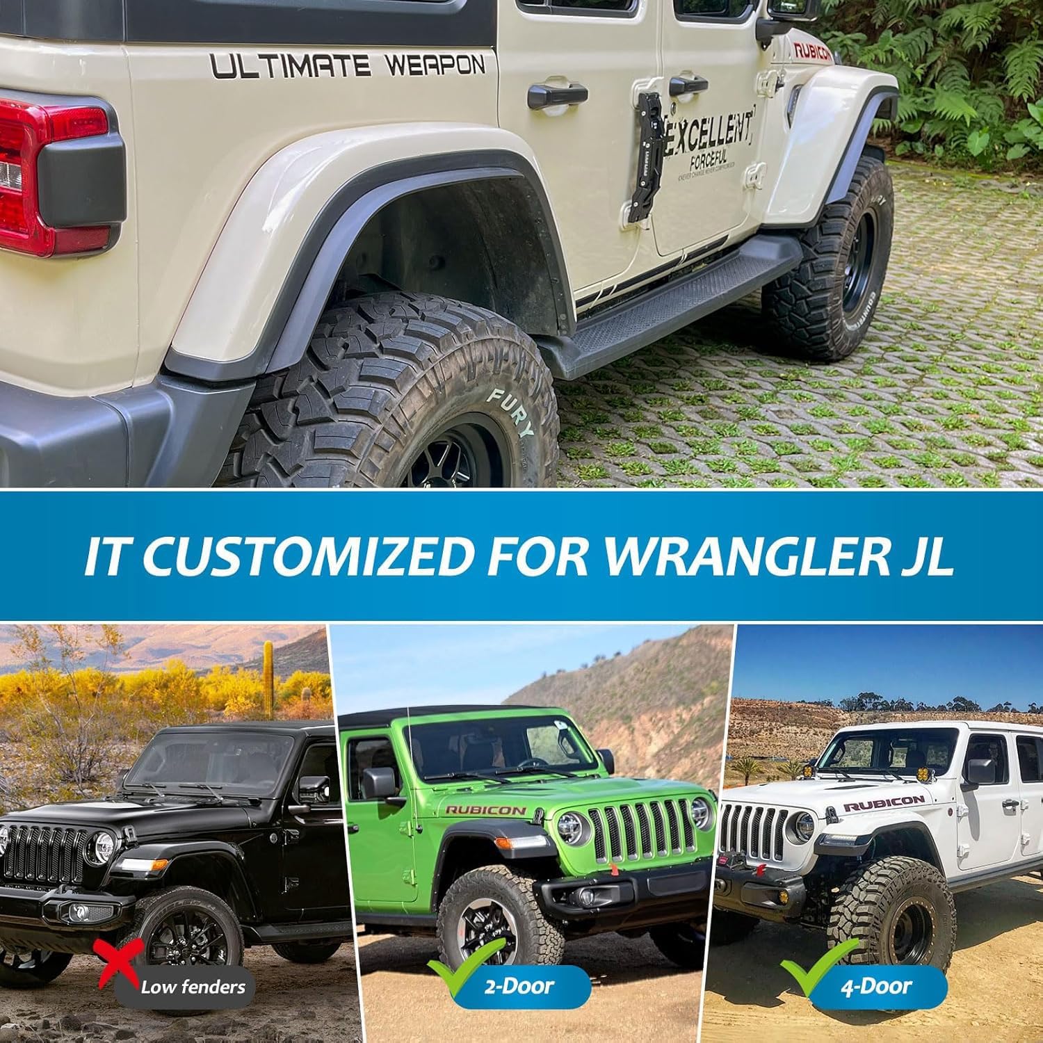 Fenders Front & Rear Fenders Compatible with 2018-2026 Jeep Wrangler JL and JLU Unlimited Rubicon, Off-Road Wheel Fender Liner Set 4 Pcs(Only Fit High Clearance Fender Flares,Not for 4XE) — foto 5