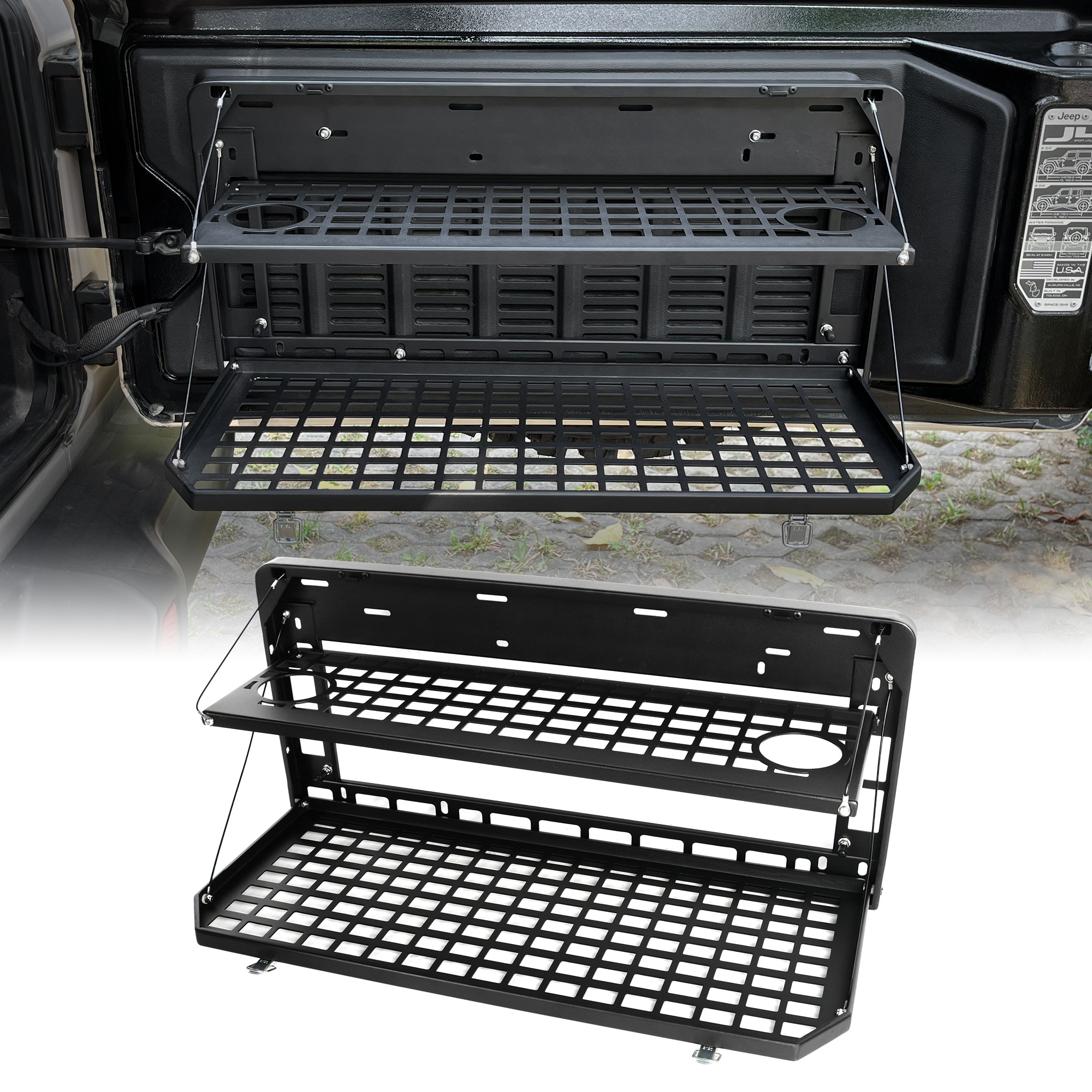 2-Tier Tailgate Table Rear Foldable Storage Cargo Rack Outdoor Camping Desk for 2007-2026 Jeep Wrangler JK&JL 4 Door (Not Fit JK Models with Stock Subwoofer) — foto 6