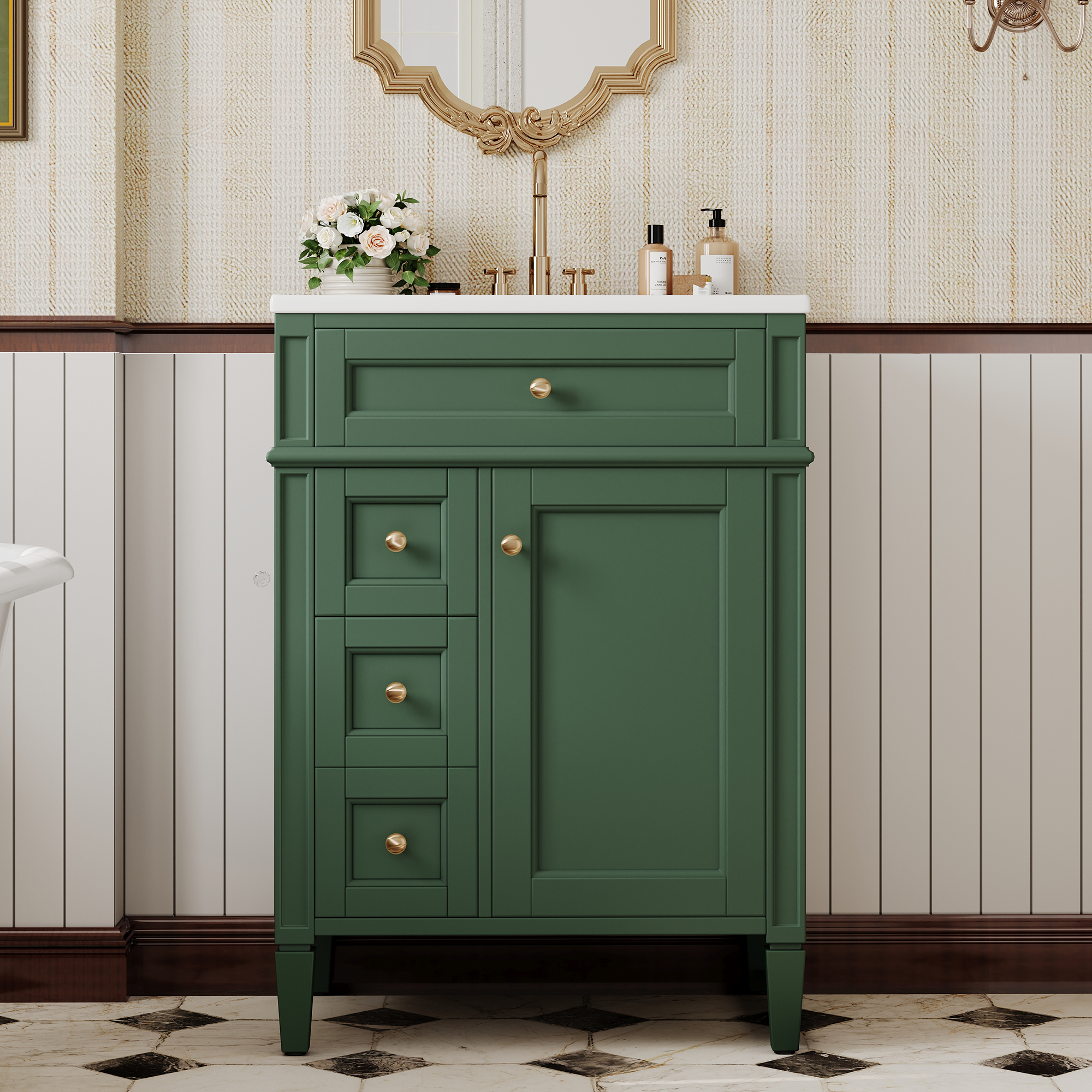 24'' Bathroom Vanity with Top Sink, Modern Bathroom Storage Cabinet with 2 Drawers and a Tip-out Drawer, Single Sink Bathroom Vanity