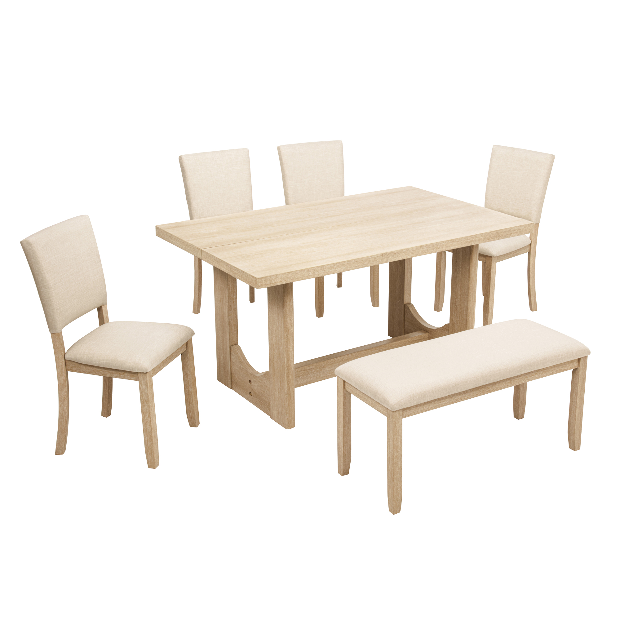 6 Piece Dining Table Set with Bench, Wooden Rectangular Kitchen Table Set with Bench and 4 Upholstered Chairs for Living Room, Kitchen, Dining Room, U-shaped base, Light Oak & Beige