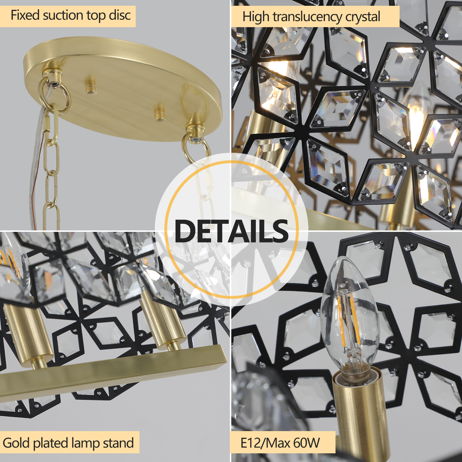 39" Contemporary Crystal and BlackGold Pendant Chandelier – Geometric Modern Light Fixture for Dining Room, Kitchen, or Living Room (Bulb Not Included) 3