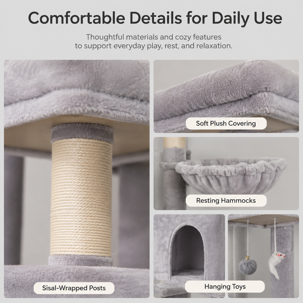 78.7in Tall Multi-Cat Cat Tree Tower with Double Condos, 2 Plush Hammock, Sisal Scratching Posts, 3 Interactive Toys, Wide Split Base for Litter Box, Indoor Cat Activity Furniture — image 1
