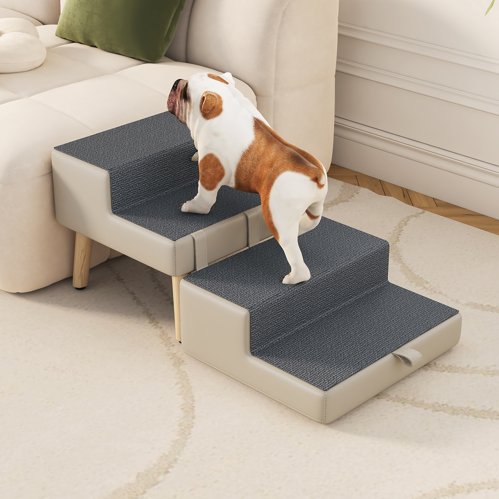 4-Step Ottoman Dog Stairs, 2-in-1 Foldable Pet Ramp for Bed,  Dog Ramp for Small Puppy and Cats, Sturdy Wood Frame Support with Non-slip walking surface, Holds Up To 220lbs ( Light Grey Color ) — foto 4