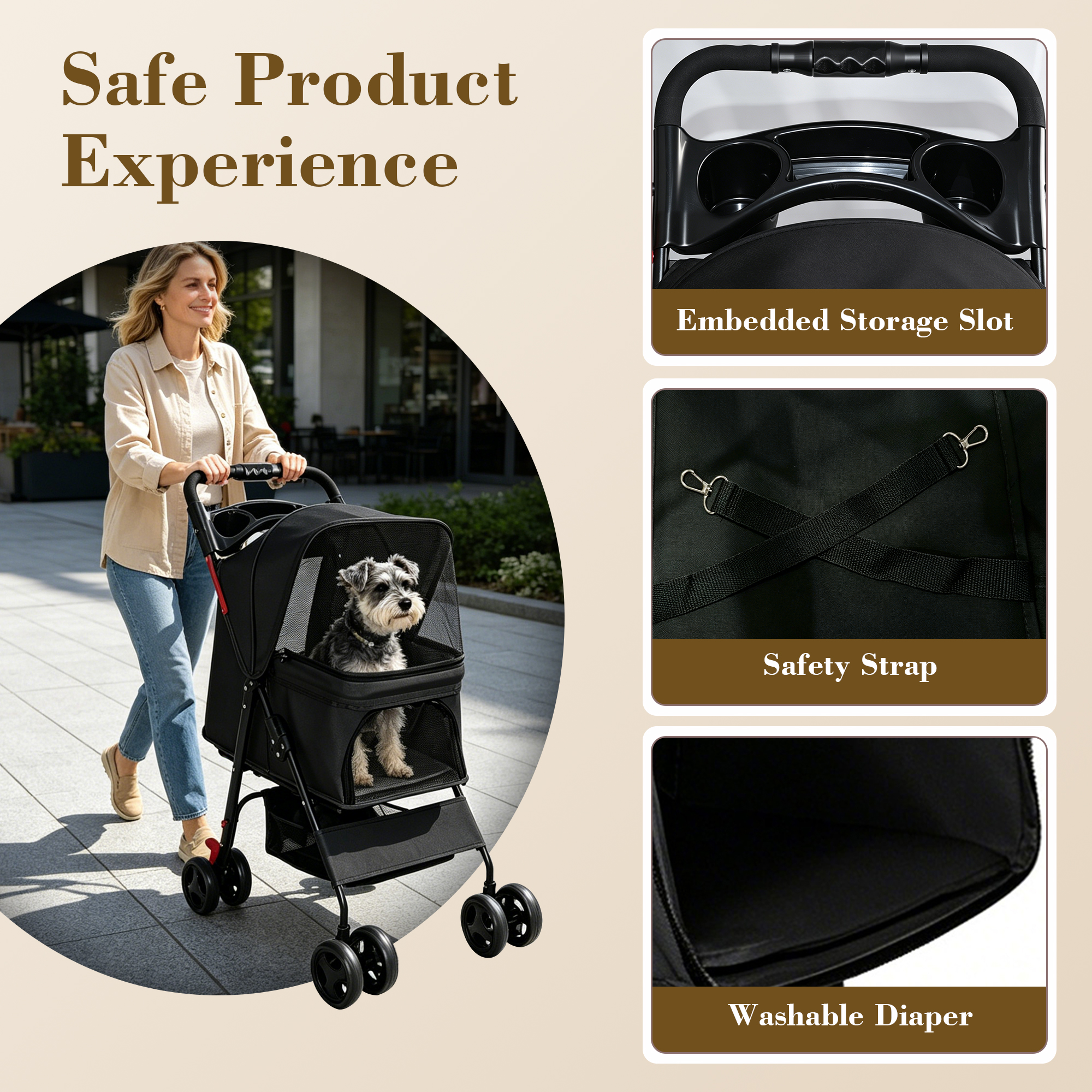Foldable Pet Stroller for Small Dogs and Cats Under 28 lbs with Multi-Functional Tray, 2 Safety Leashes, Storage Basket & Breathable Mesh, 4 Wheels Pet Stroller, Black — foto 3