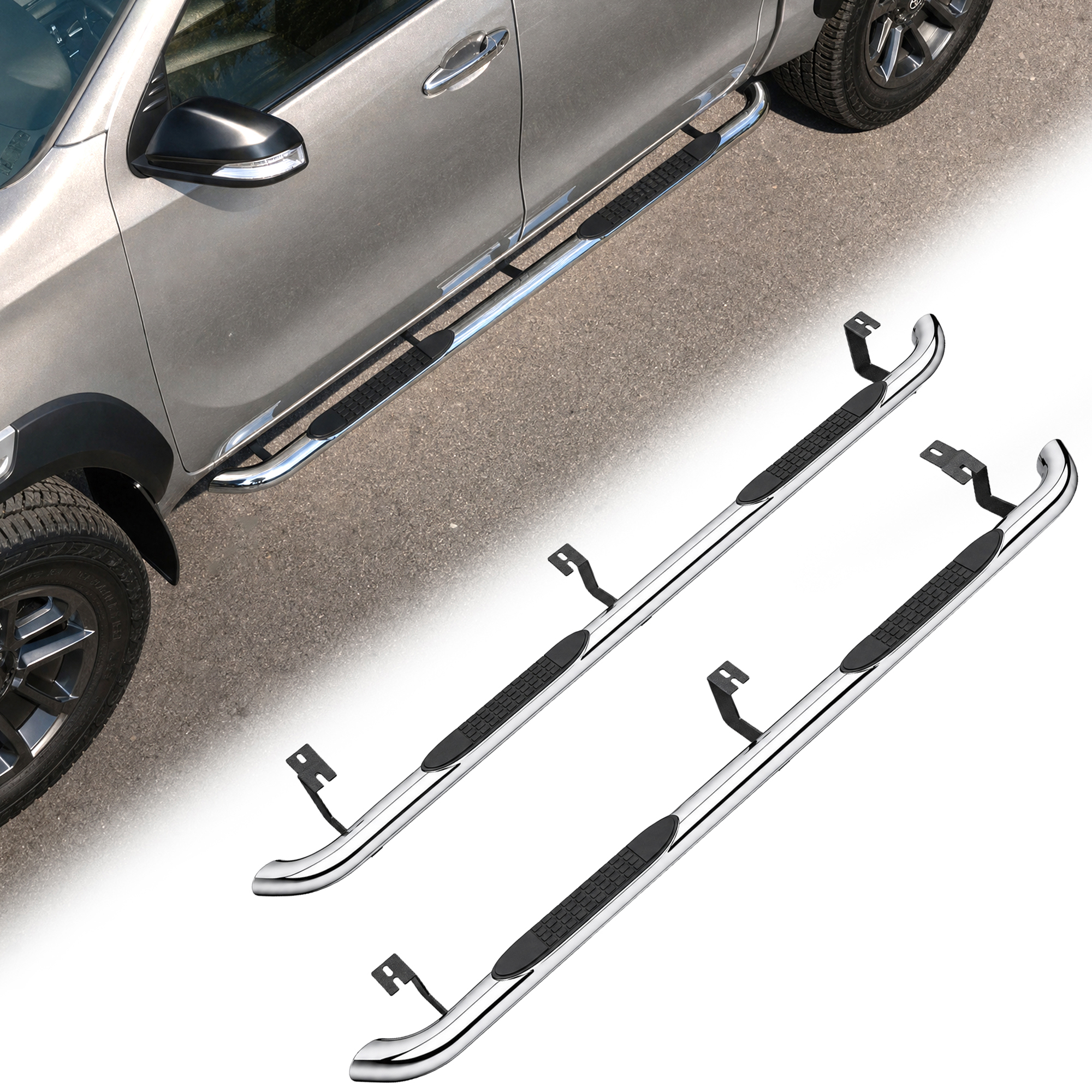 4 Inch Running Boards Side Steps Fit For Toyota Tacoma 2005-2023 (Crew Cab/Double Cab) Oval Straight Side Steps  S/S 201 Polished, Simple version