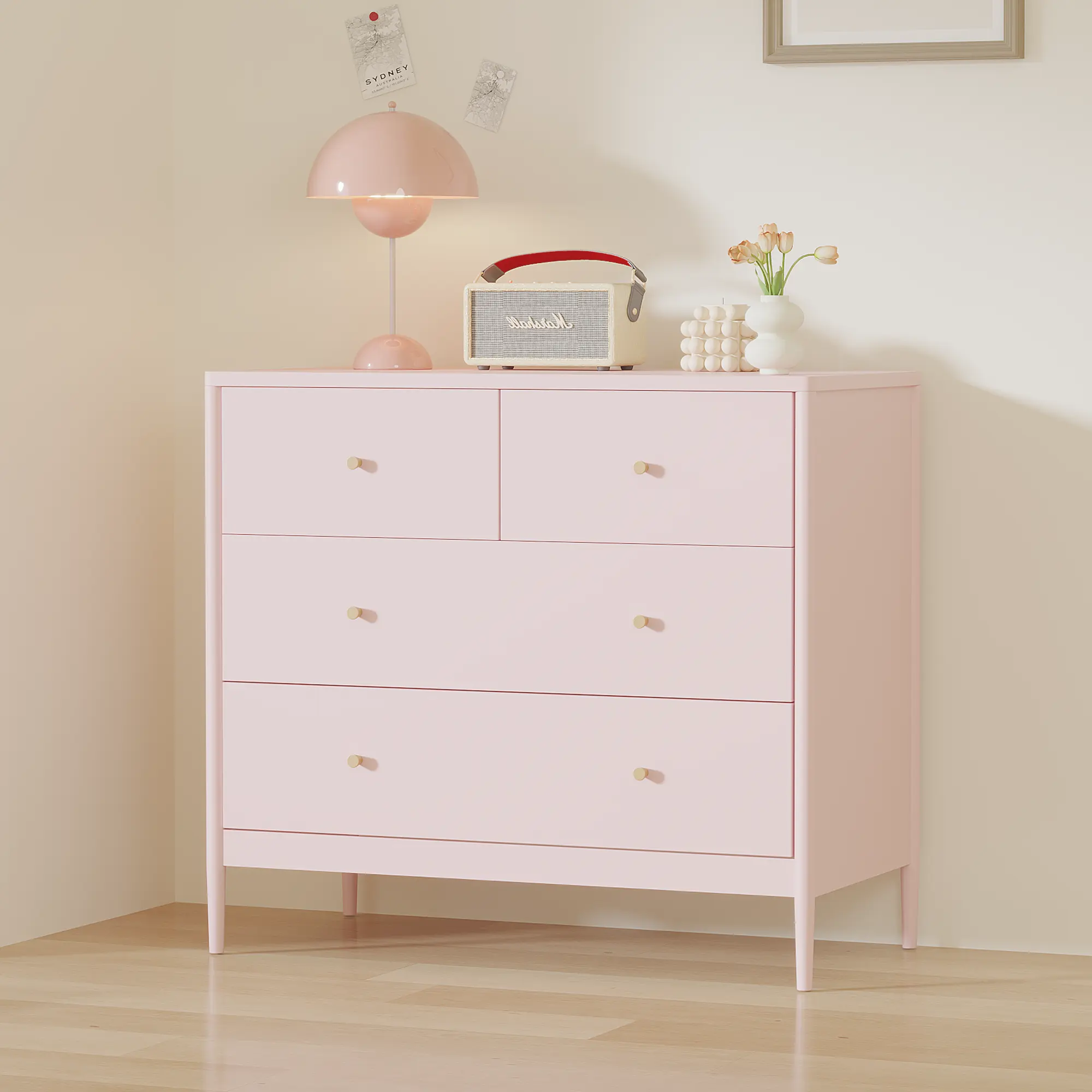 Pink 4-Drawer Kids Dresser, Wooden Storage Cabinet