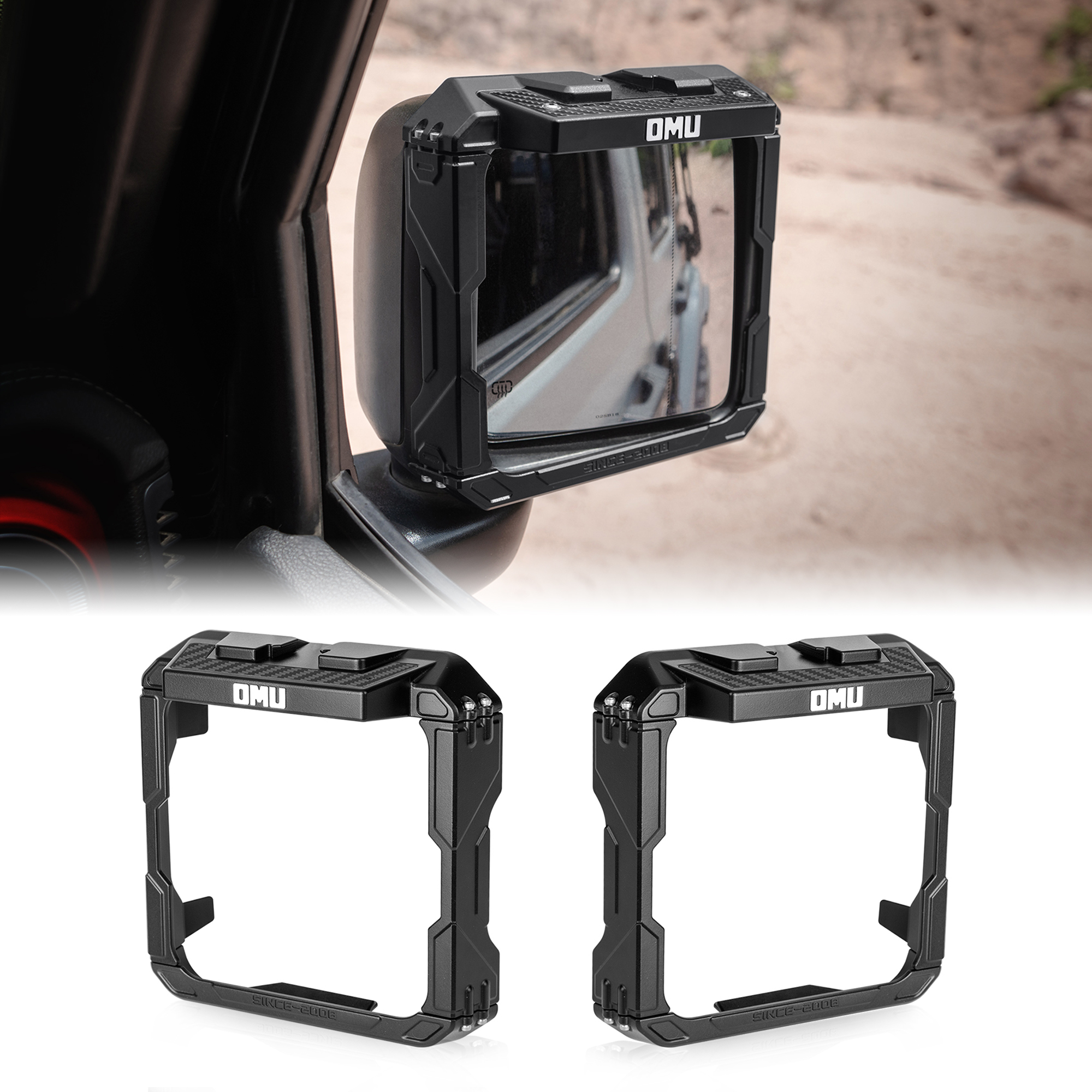 OMU Genesis Series Aluminum Rearview Mirror Rain Shield Frame For 2018+ Jeep Wrangler JL & 2020+ Jeep Wrangler Gladiator JT with Action Camera Mounting