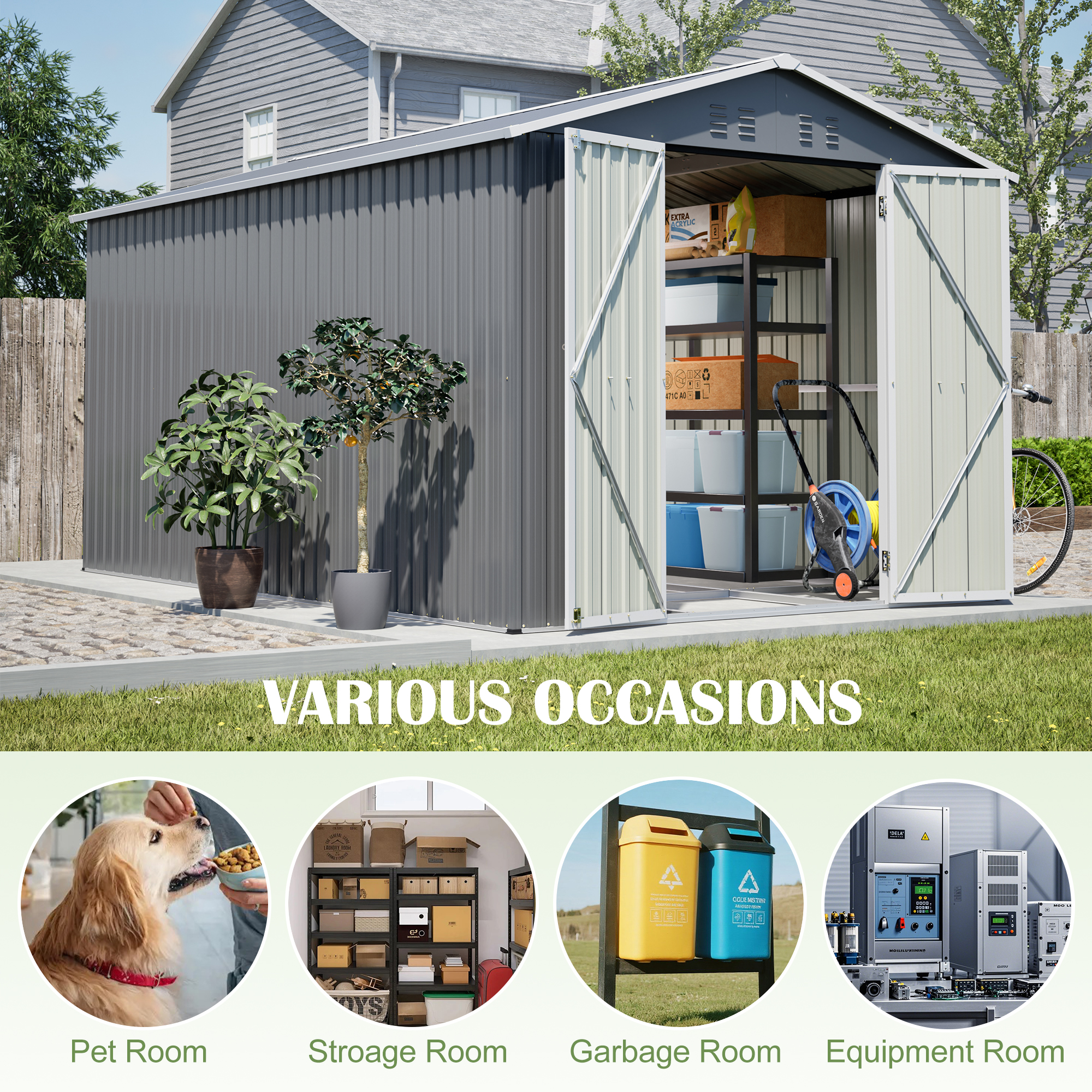 8x12 FT Outdoor Metal Storage Shed with Additional Side Door, Large Tool Shed with 2 Lockable Doors for Easy Access, Aluminum Frame, Grey Backyard Garden Patio Storage — foto 7