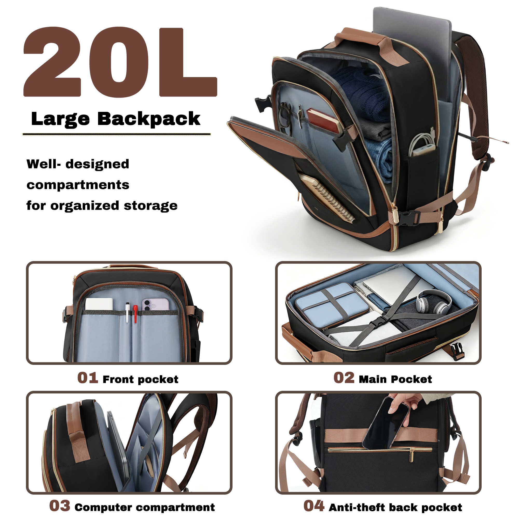 3-Piece Luggage Set  - 28in Checked Suitcase with TSA Lock Travel Duffel Bag Wet-Dry Toiletry Bag,black and brown