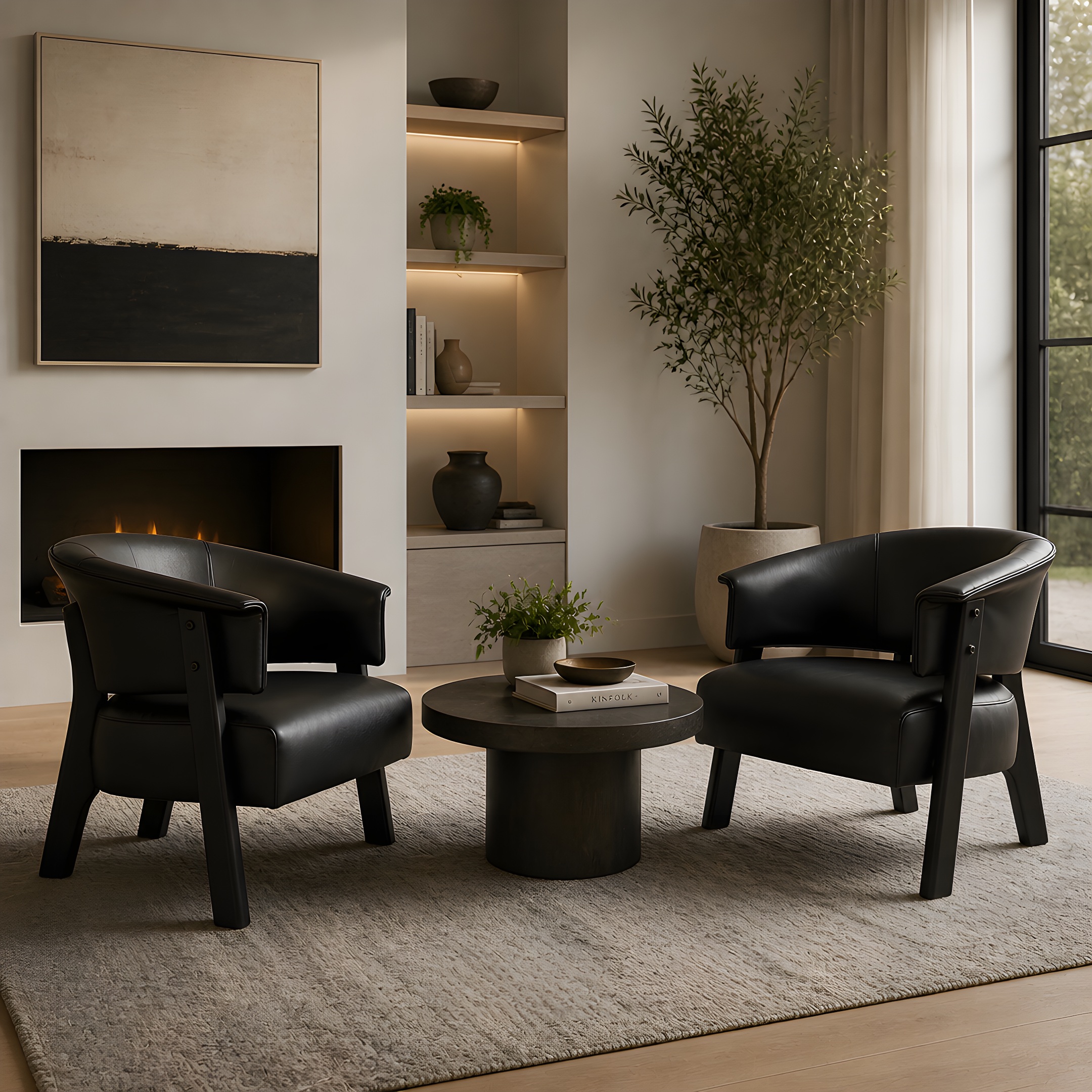 Faux Leather Wingback Accent Chairs Set for 2, Wrap-Around Back Upholstered Armchair, Comfy Fabric Wingback Arms Chairs with Solid Wood Legs, Single Sofa Reading Chair for Bedroom Living Room, Black — foto 5