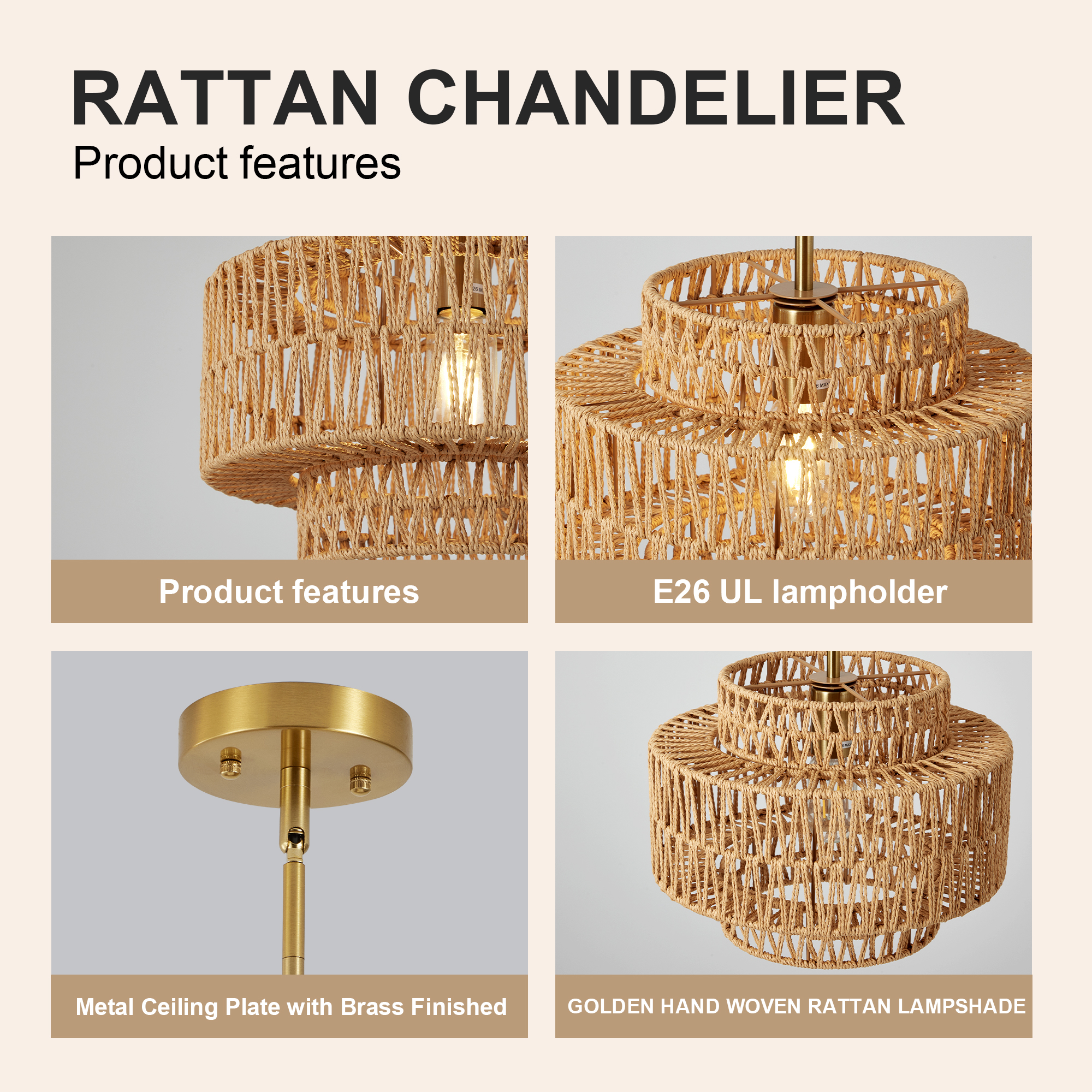 12.6 in Boho Rattan Chandelier Light Fixture,1-Light Hand Woven Pendant Light Fixture Farmhouse Rustic Hanging Lamp for Kitchen Island Bedroom, Dining Room, Living Room, Entryway, Foyer — foto 6