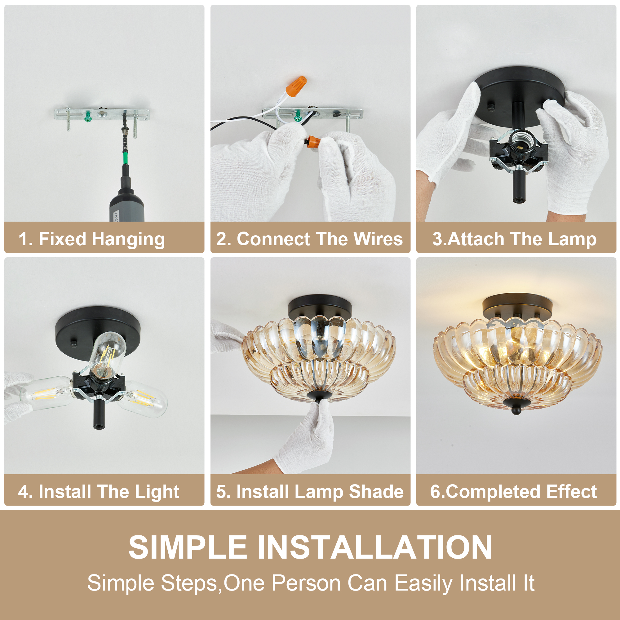 Semi Flush Mount Ceiling Light, Amber Glass Ceiling Light Fixture, 3-Bulb Modern Black Close to Ceiling Light, Vintage Glass Ceiling Lights for Bedroom Kitchen Living Room, Bulb Not Included — foto 8
