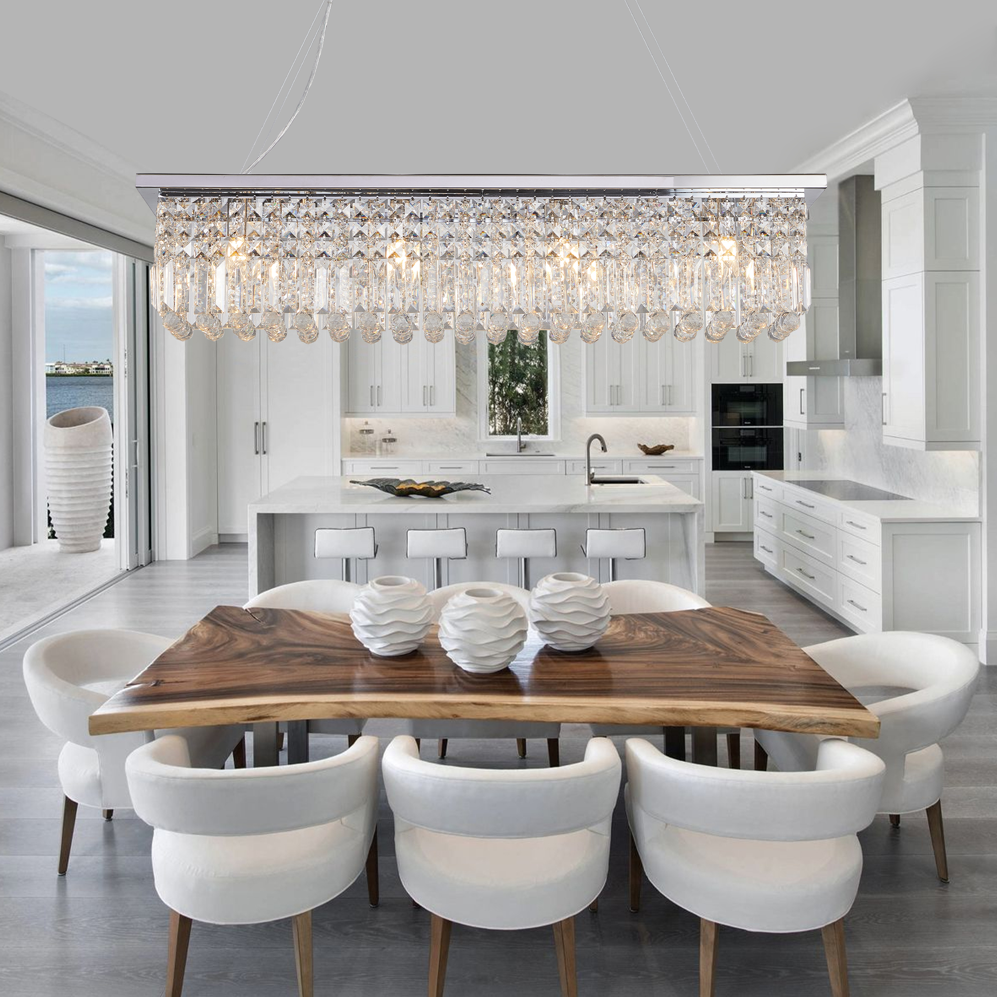 Modern Crystal Chandelier for Dining Room 8-Light White Rectangle Raindrop Chandelier Contemporary Rectangular Pendant Light Fixture for Kitchen Island Bar L39.4'' x W9.8'' x H8.7'(Bulb Not Included) — foto 6