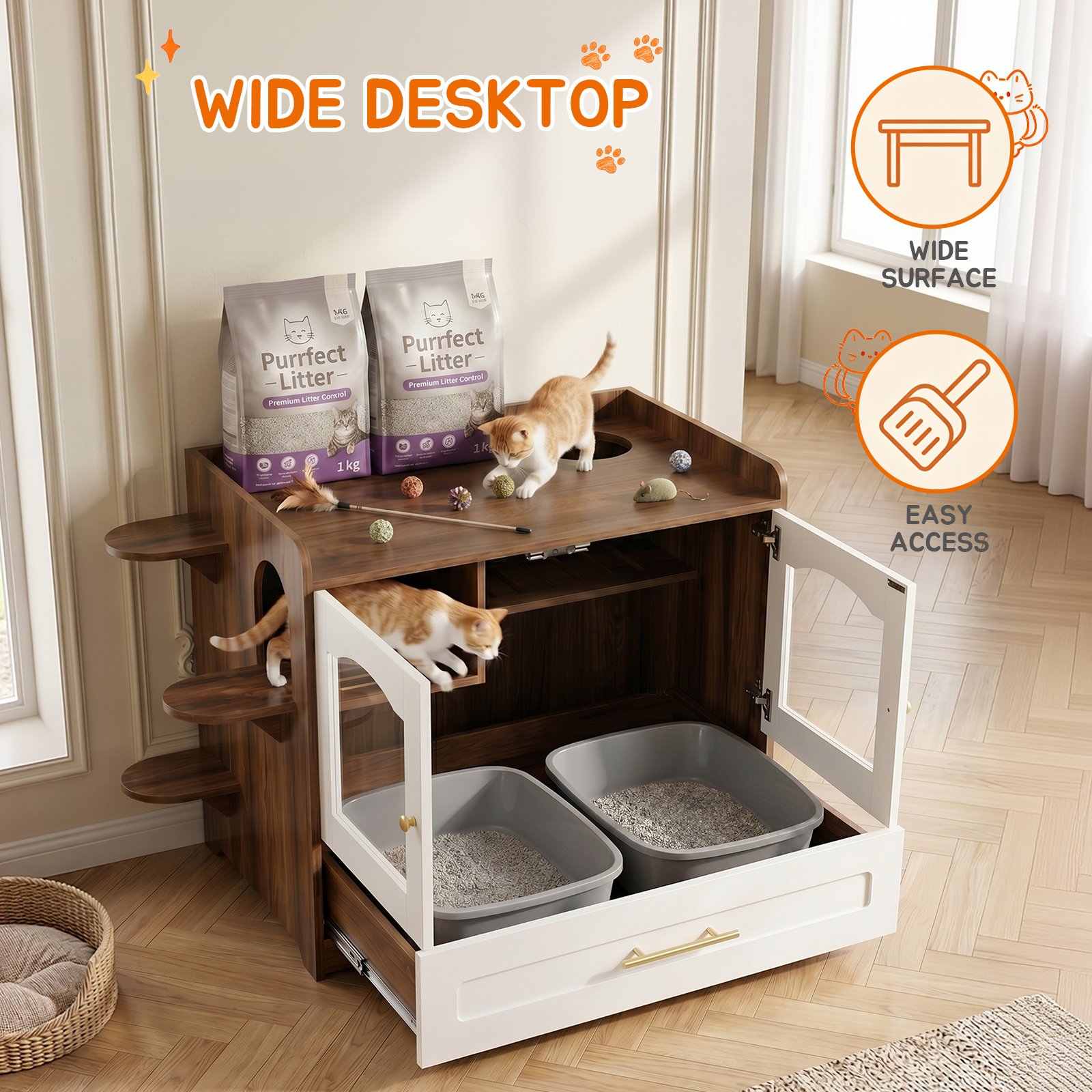 Cat Litter Box Enclosure Furniture, Dog Proof Hidden Litter Box Cabinet with Acrylic Door, Extra Long Runway & Drawer, Cat Play Area for Indoor Cats — image 1