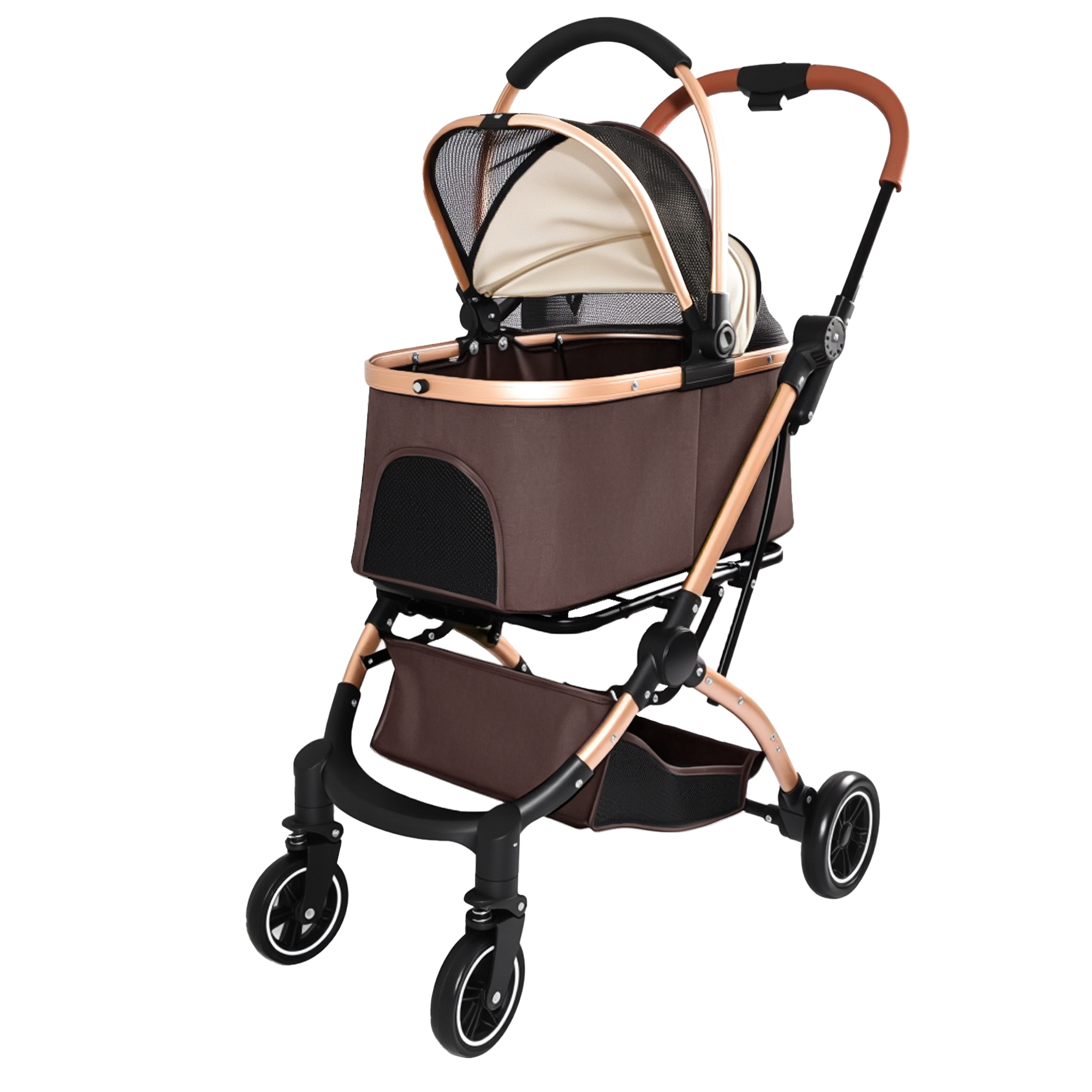 Pet Stroller for Dogs and Cats, 2-in-1 Detachable Foldable 4 Wheels Pet Stroller, Quick One-Hand Fold, Storage Basket, Detachable Carry Basket with Sun Canopy(Khaki++Gold) — foto 4