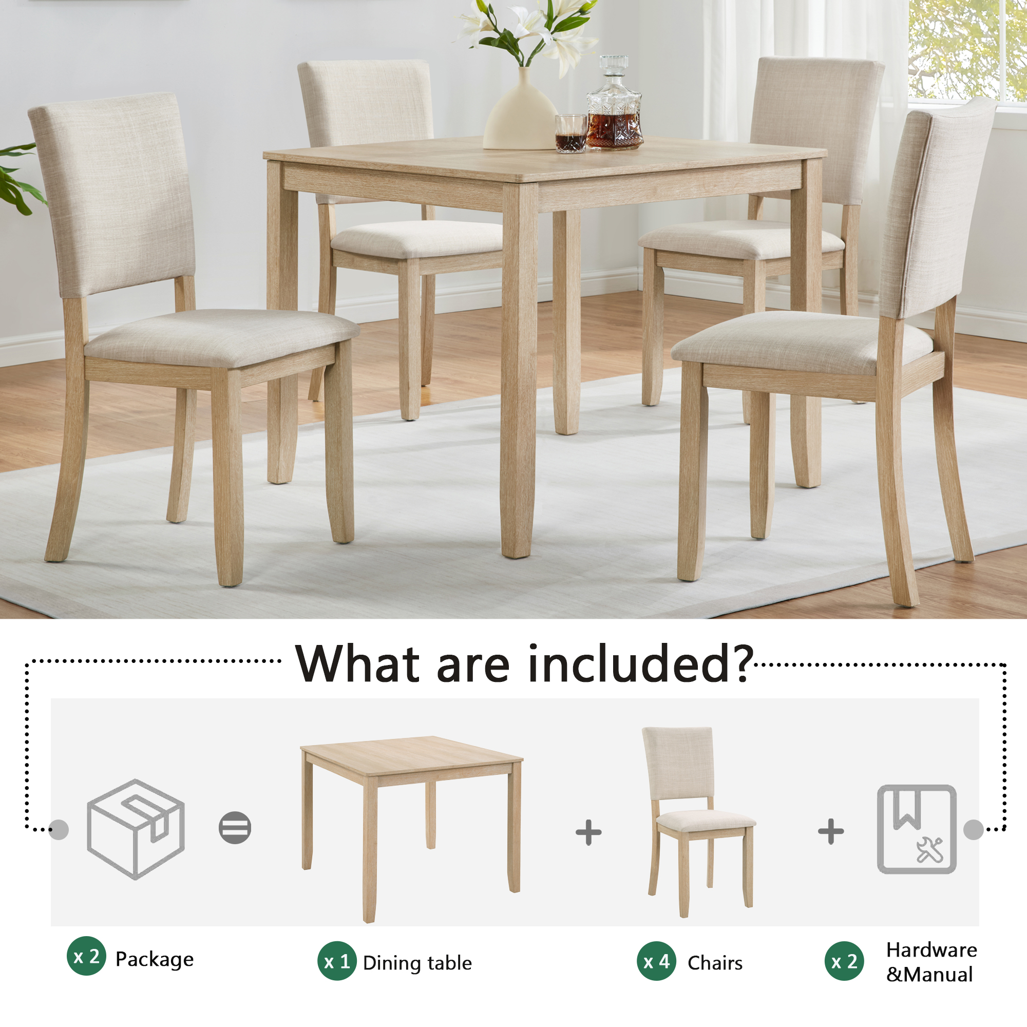 Modern 4 Person Dining Table Set with 4 Chairs, Dining Table Set for 4 People, 5-piece Wooden Dining Table Set for Living Room, Kitchen and Dining Room, Light Oak + Beige