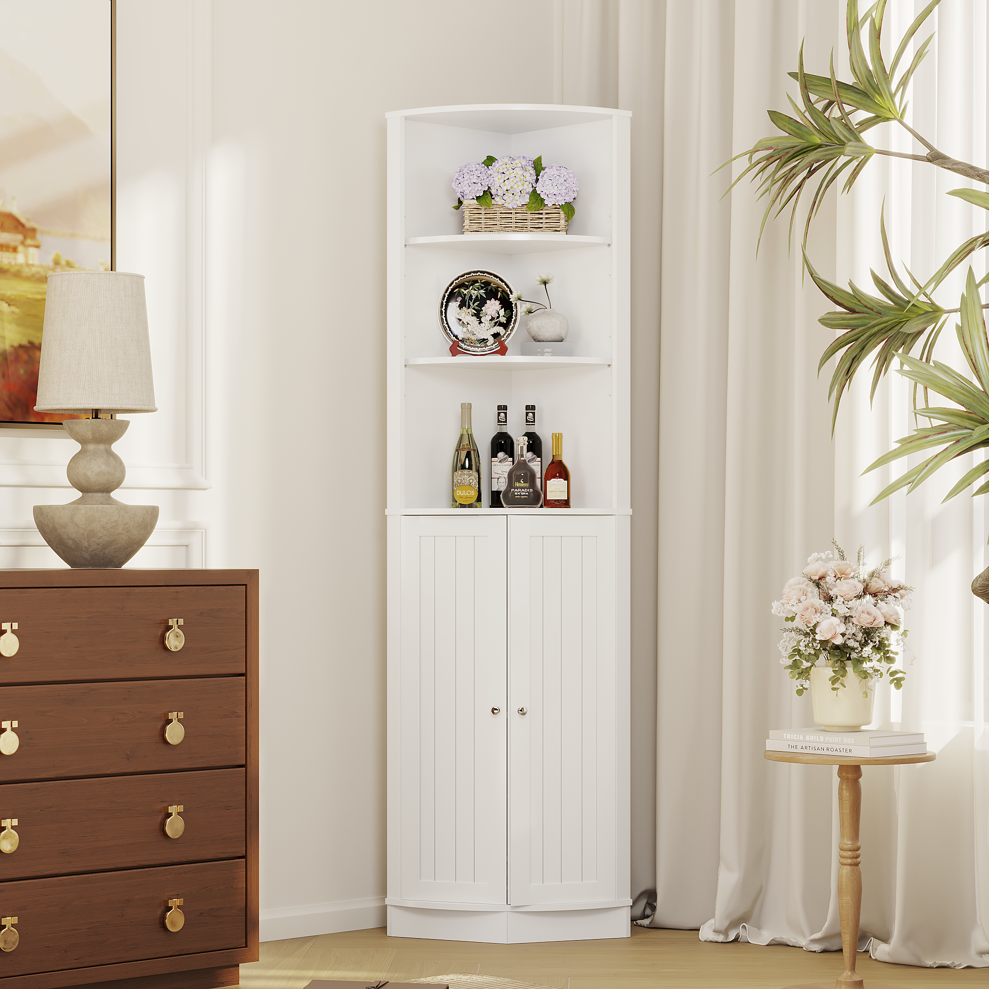 67" Tall Corner Cabinet with 2 Doors and Adjustable Shelves, Narrow Freestanding Storage Cabinet Organizer, Corner Storage Cabinets for Bathroom, Kitchen, Living Room, Bedroom, Laundry Room, White