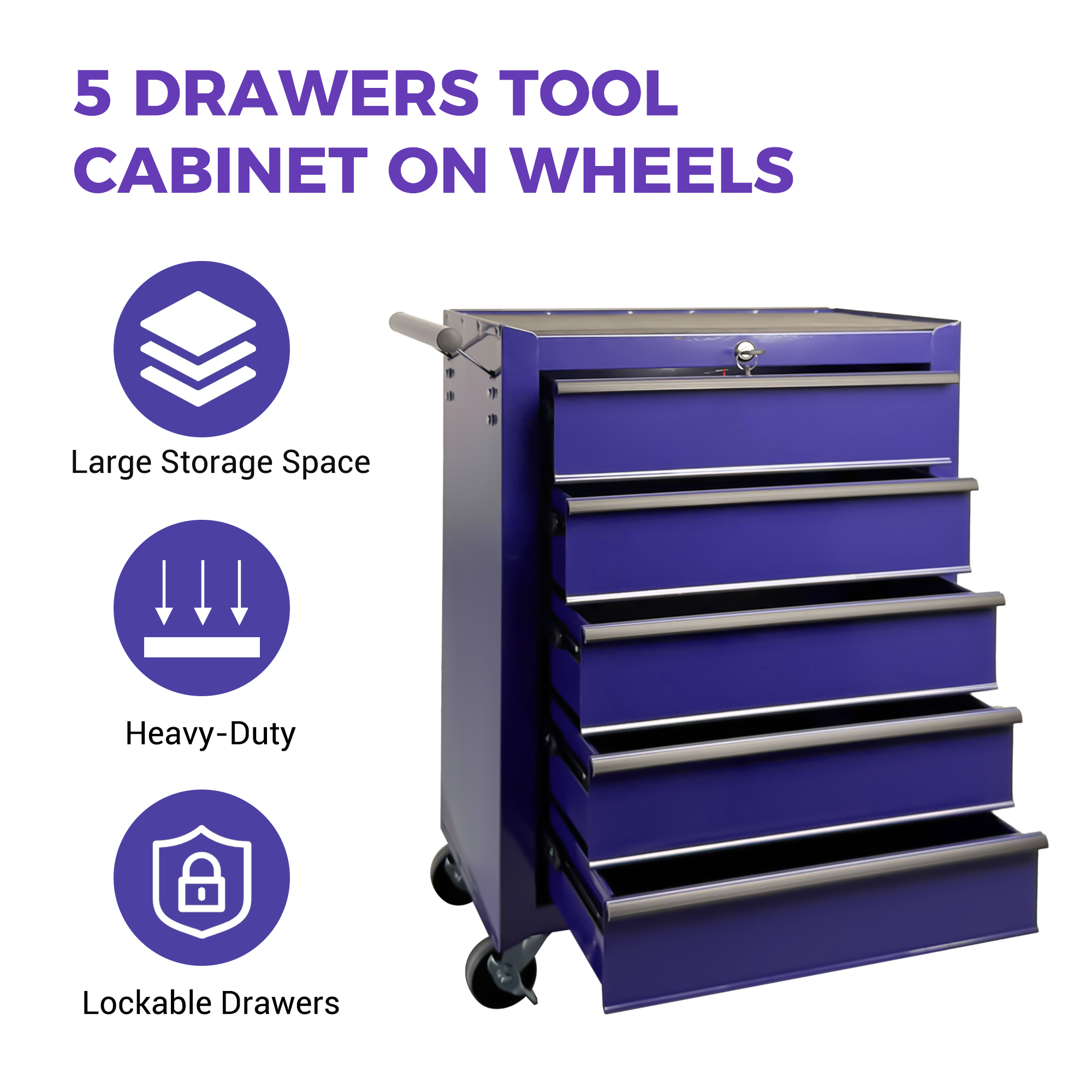 Rolling Metal Tool Chest with 5 Drawers, 20" 5-Drawer Tool Chest Cabinet with Ball Bearing Drawer Slides, Steel Tool Storage Box Organizer -PURPLE — foto 7