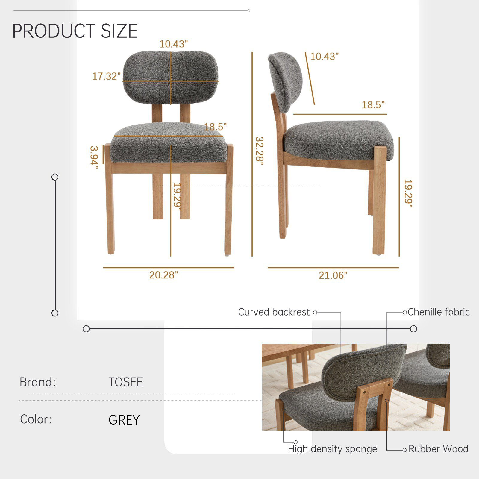 Wooden Dining Chairs Set of 2, Modern Fabric Upholstered Dining Room Chair Kitchen Chairs, Farmhouse Dinner Chair for Kitchen Dining Room