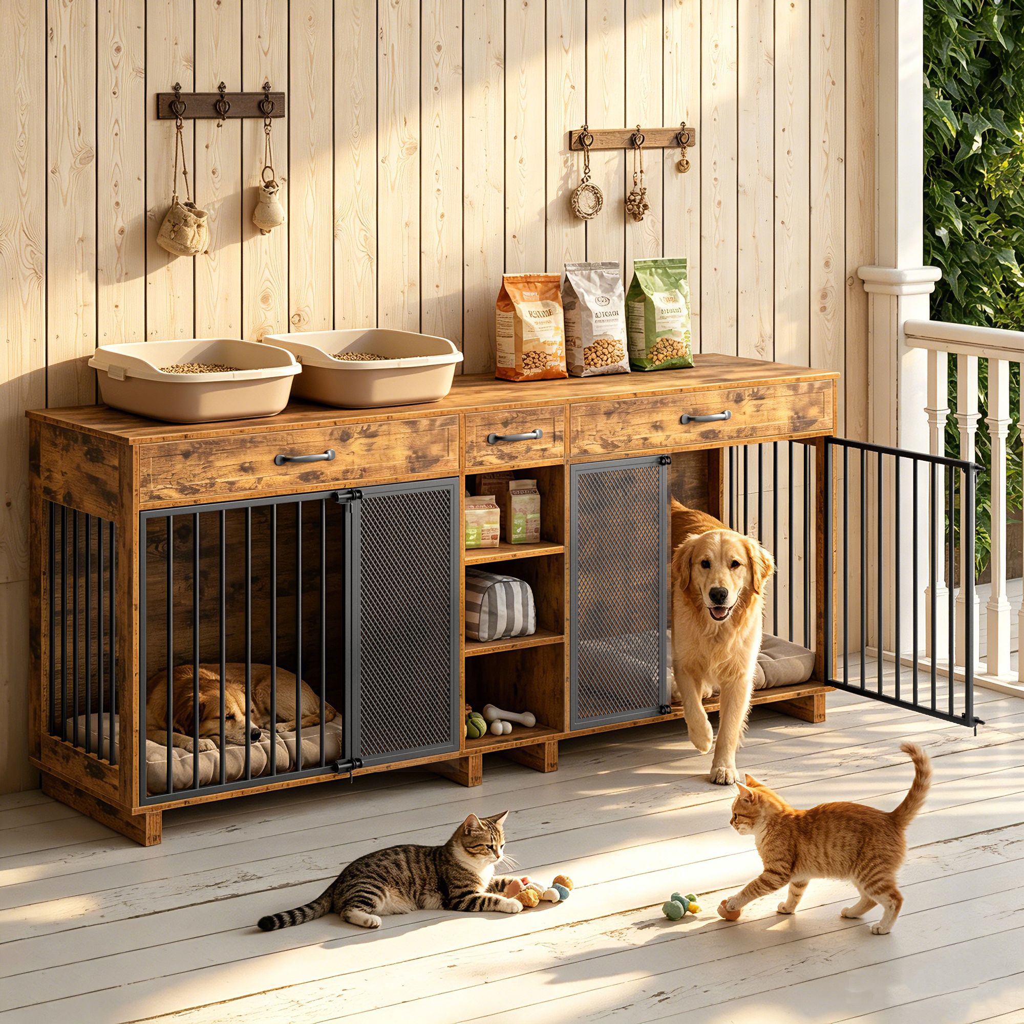 Large Wooden Dog Crate Furniture, Multi-Functional Pet Cage Cabinet with Storage — foto 8