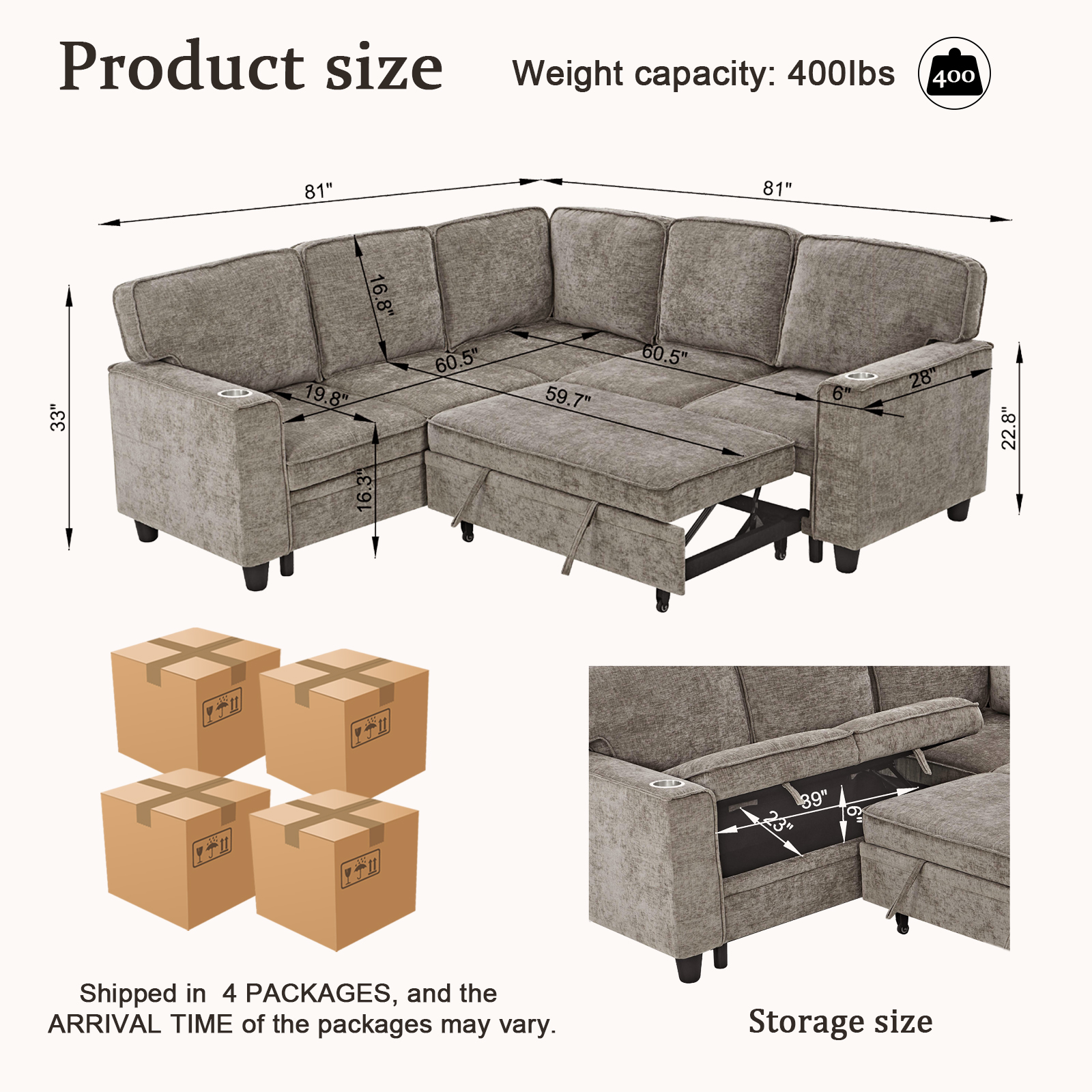 L-Shaped Sofa with Pull Out Sofa Bed, Sleeper Sofa Couch Bed with Storage Seat, 5 Seat Sectional Sofa Bed with USB, Sectional Sofa Couch for Living Room, Apartment, Light Brown — foto 3