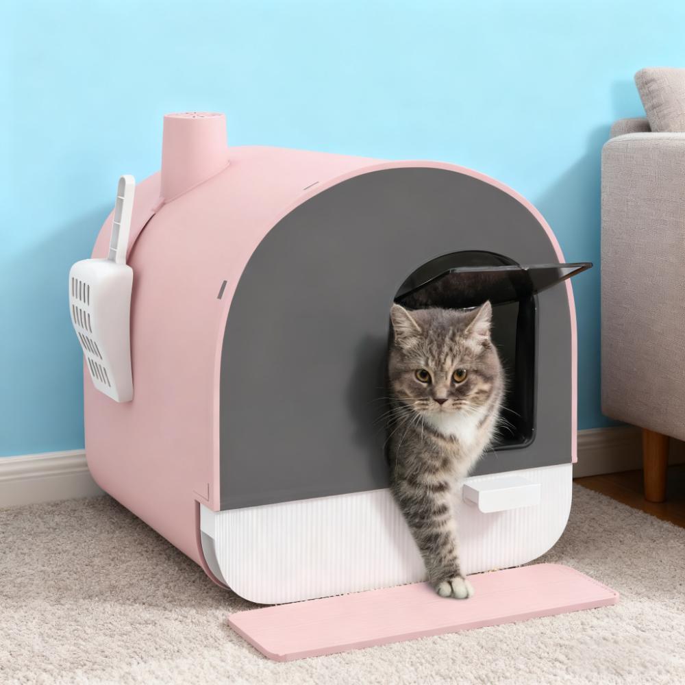 Pink  Cat Litter Box with Lid with Scoop and Filter alternate view