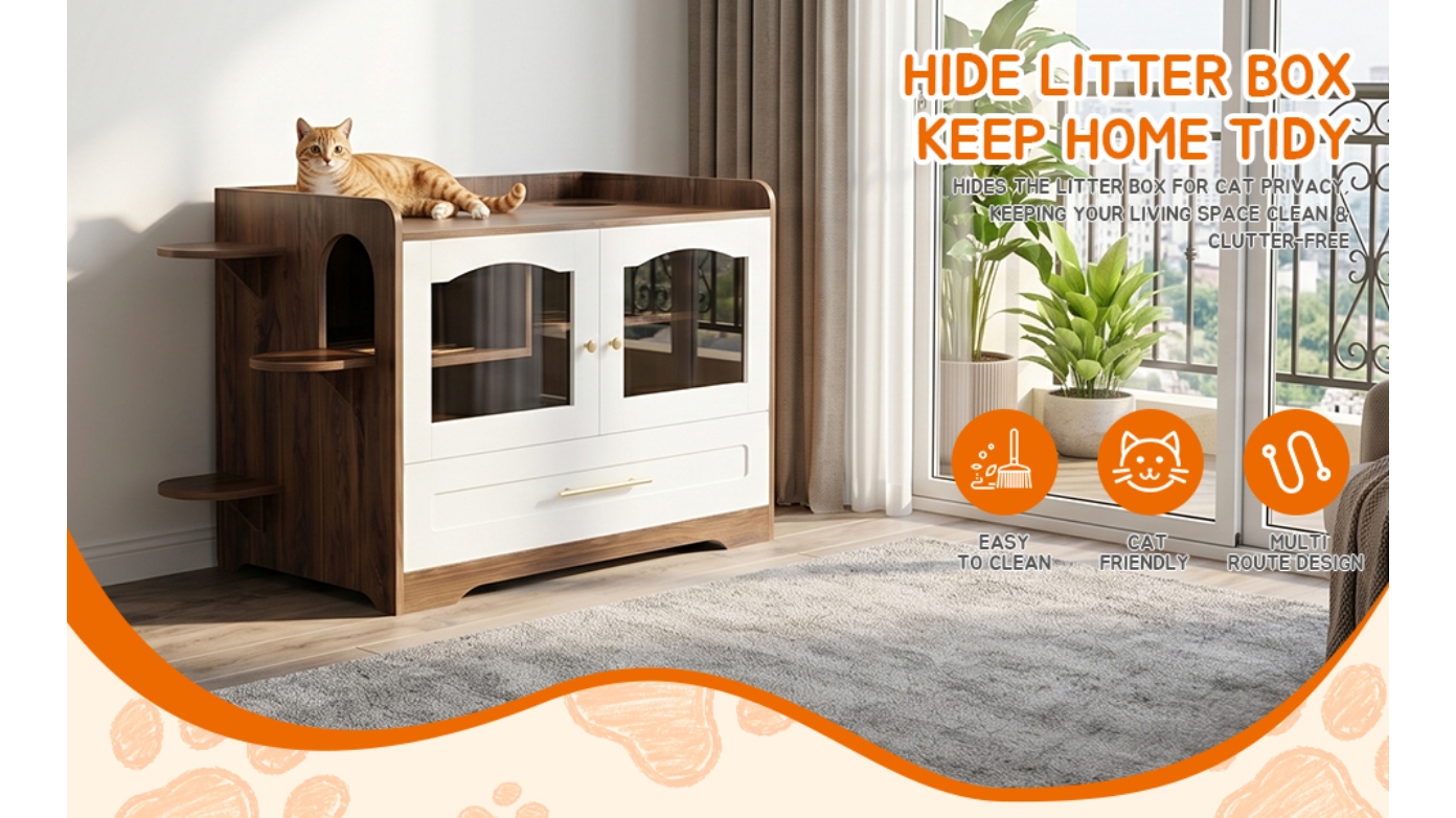 Cat Litter Box Enclosure Furniture, Dog Proof Hidden Litter Box Cabinet with Acrylic Door, Extra Long Runway & Drawer, Cat Play Area for Indoor Cats detail photo 5