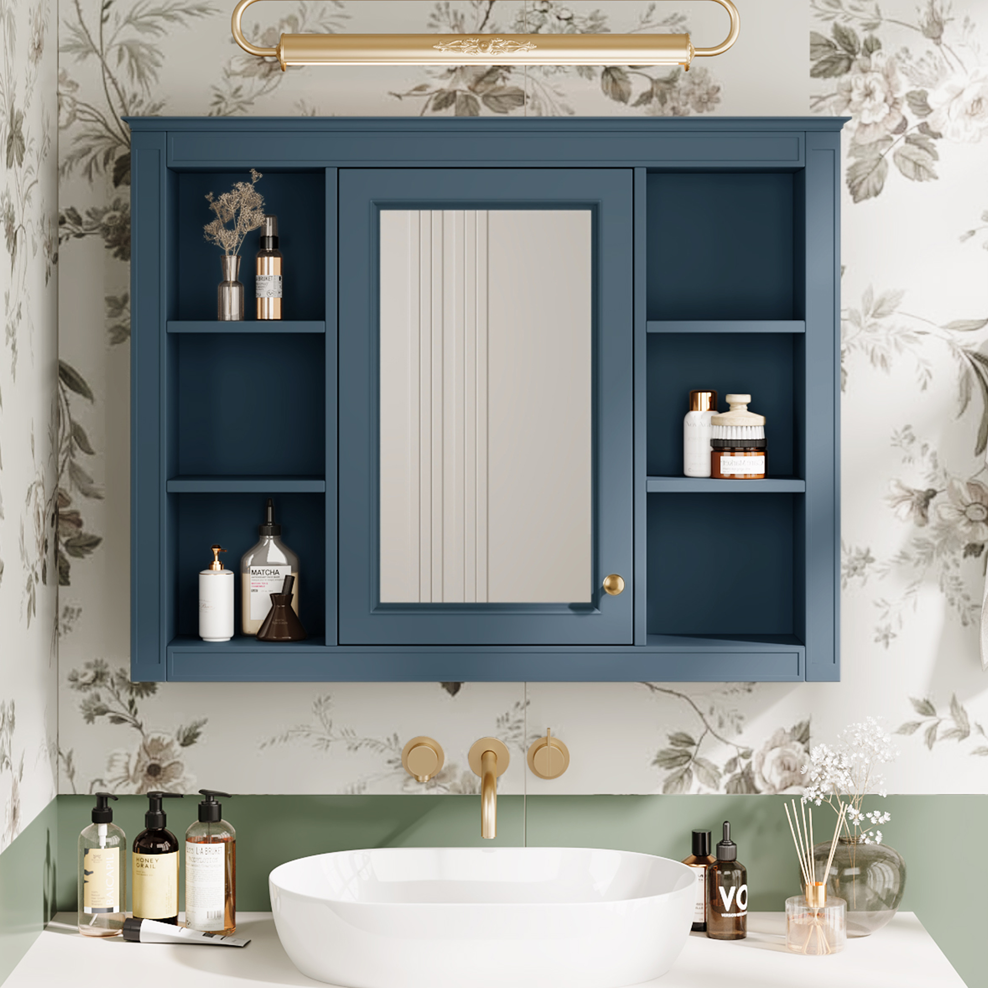 35'' x 28'' Medicine Cabinet, Wall Mounted Bathroom Storage Cabinet, Modern Bathroom Wall Cabinet with Mirror, Mirror Cabinet with 6 Open Shelves (Not Include Bathroom Vanity )