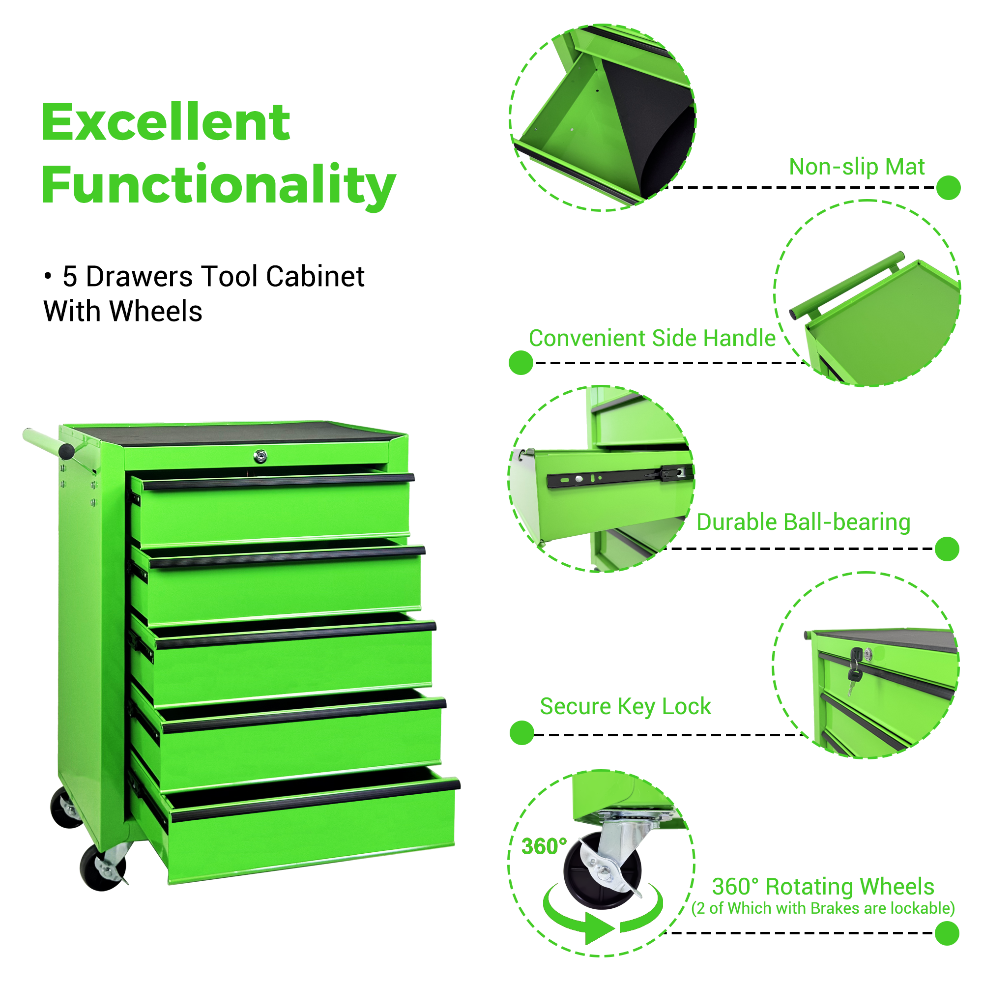 Rolling Metal Tool Chest with 5 Drawers, 20" 5-Drawer Tool Chest Cabinet with Ball Bearing Drawer Slides, Steel Tool Storage Box Organizer -GREEN — foto 4