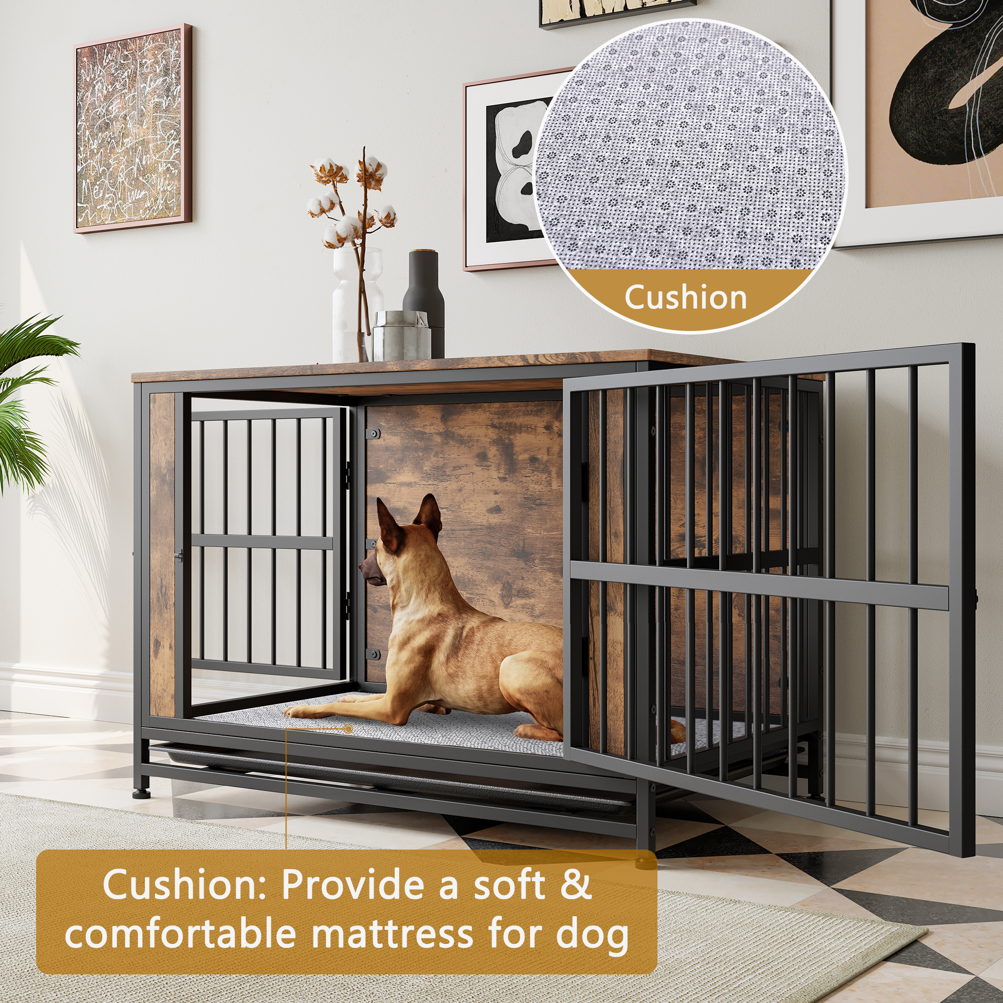 Dog Crate Furniture,  Wooden Dog Crate Table, 38.9" Dog Kennel with 2 Sliding Doors and Thick Iron Door Frame, Decorative Pet Crate House for Large/Medium/Small Dog Indoor Use(Rustic Brown) — foto 8