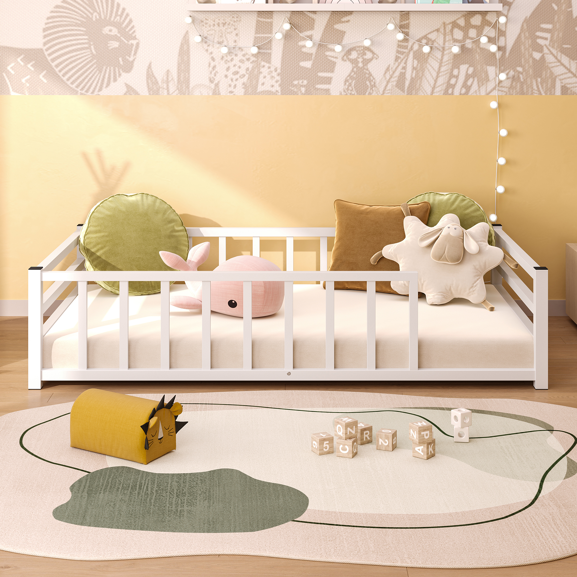 Twin Size Floor Bed, Low Profile Metal Platform with Heavy Duty Guardrails, No Box Spring Needed, White — foto 6