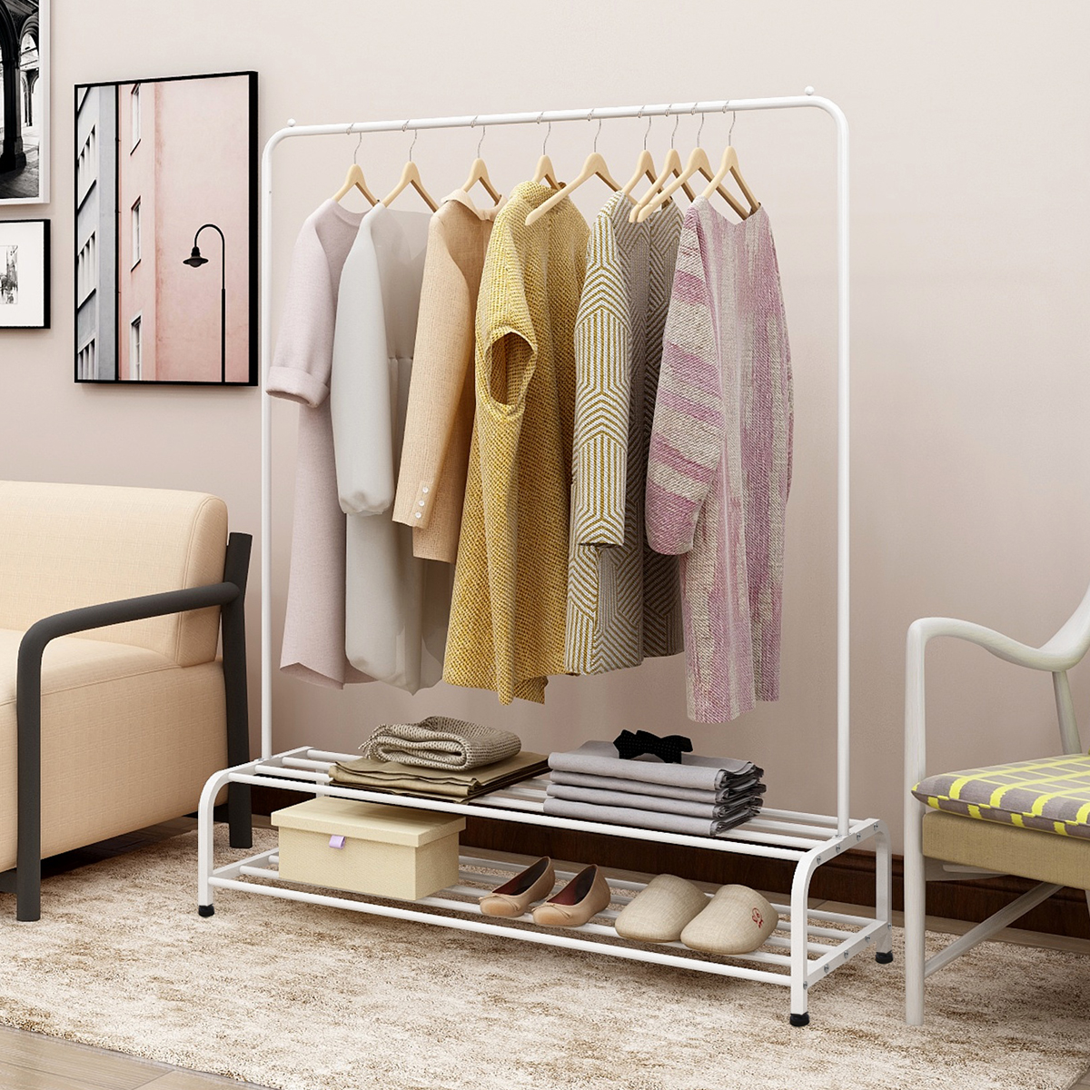 Heavy Duty Garment Rack, Metal Clothes Rack with Bottom Shelf, Standing Coat Rack for Bedroom, Laundry Room, Small Spaces, 47.2"L x 17.7"W, White — foto 4