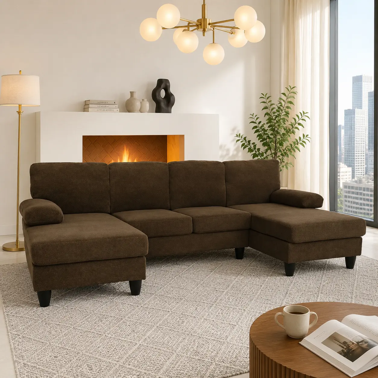 nubby upholstery U-Shaped Sofa, Comfortable Dual Chaise
