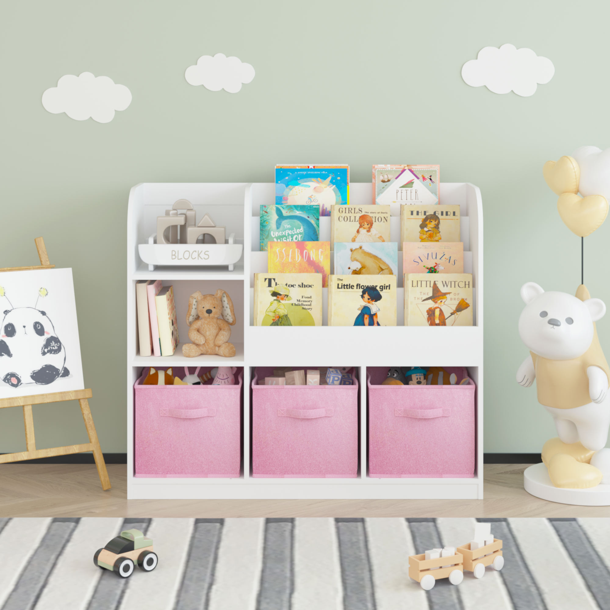 Kids Bookcase and Bookshelf, Multifunctional Bookcase with 3 Collapsible Fabric Drawers, Bookcase Display Stand, Toy Storage Organizer for Bedroom, Playroom, Hallway (White/Pink) — foto 7